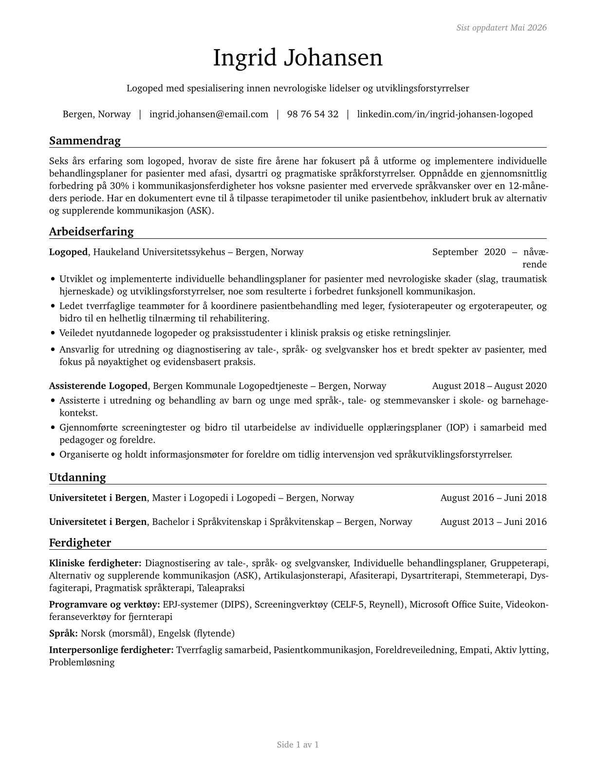 Speech-Language Pathologists CV in Norwegian_bokmal — page 1