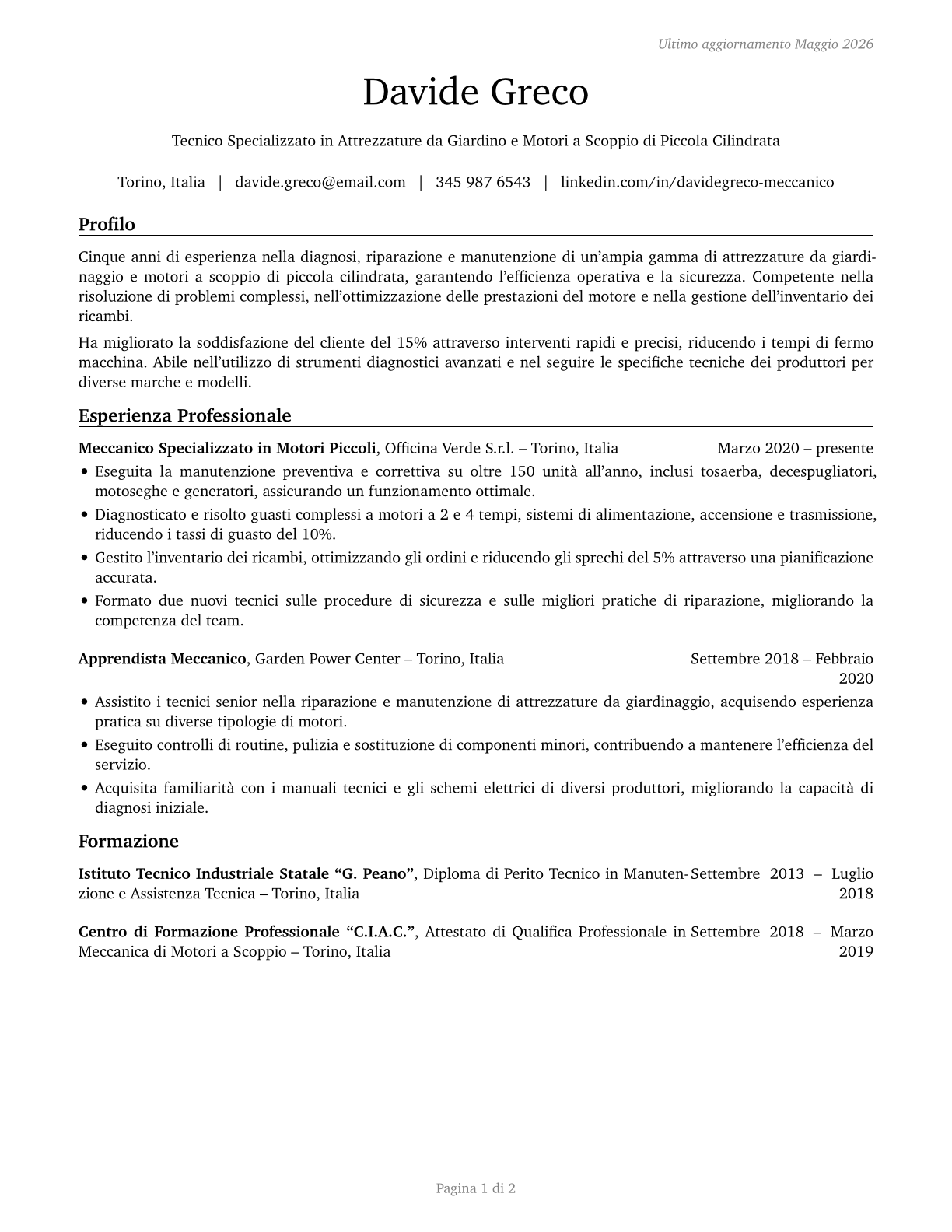 Outdoor Power Equipment and Other Small Engine Mechanics CV in Italian — page 1