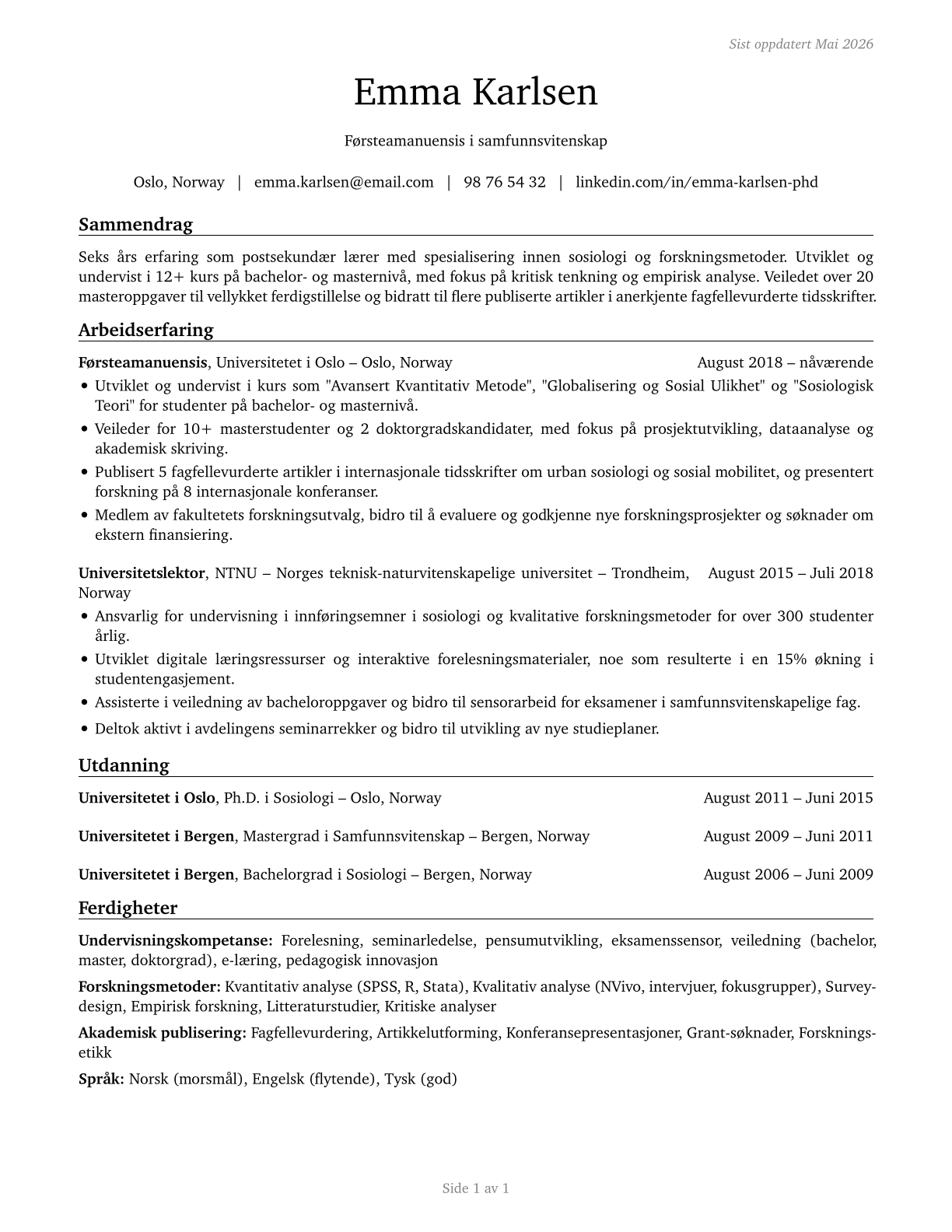 Postsecondary Teachers, All Other CV in Norwegian_bokmal — page 1