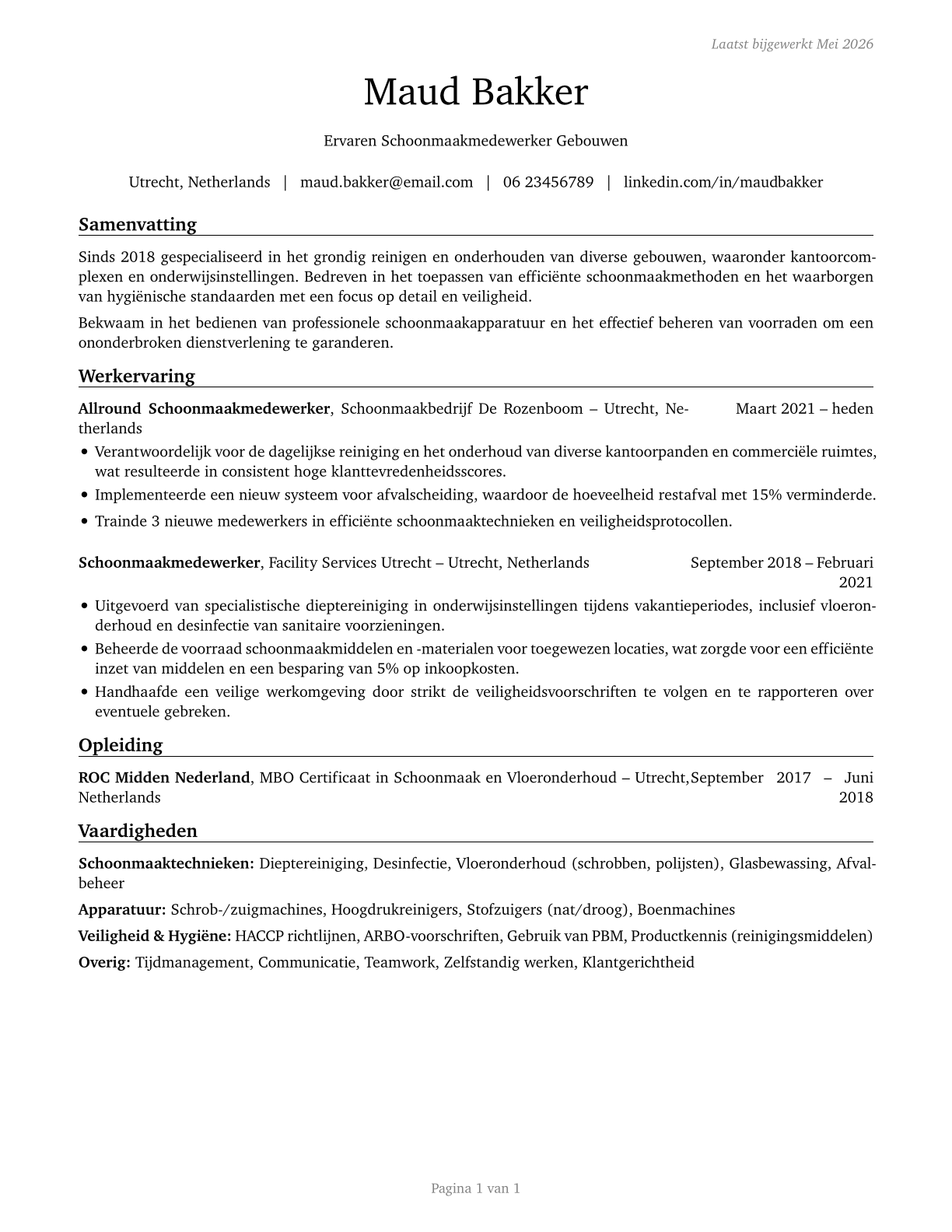 Building Cleaning Workers, All Other CV in Dutch — page 1