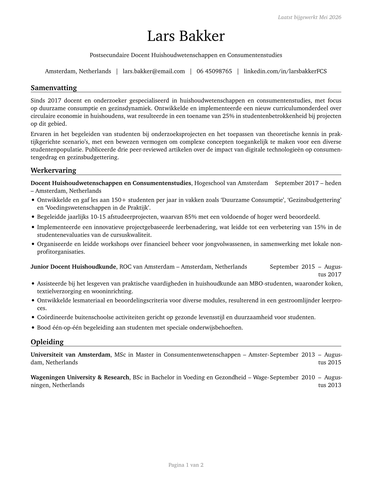 Family and Consumer Sciences Teachers, Postsecondary CV in Dutch — page 1