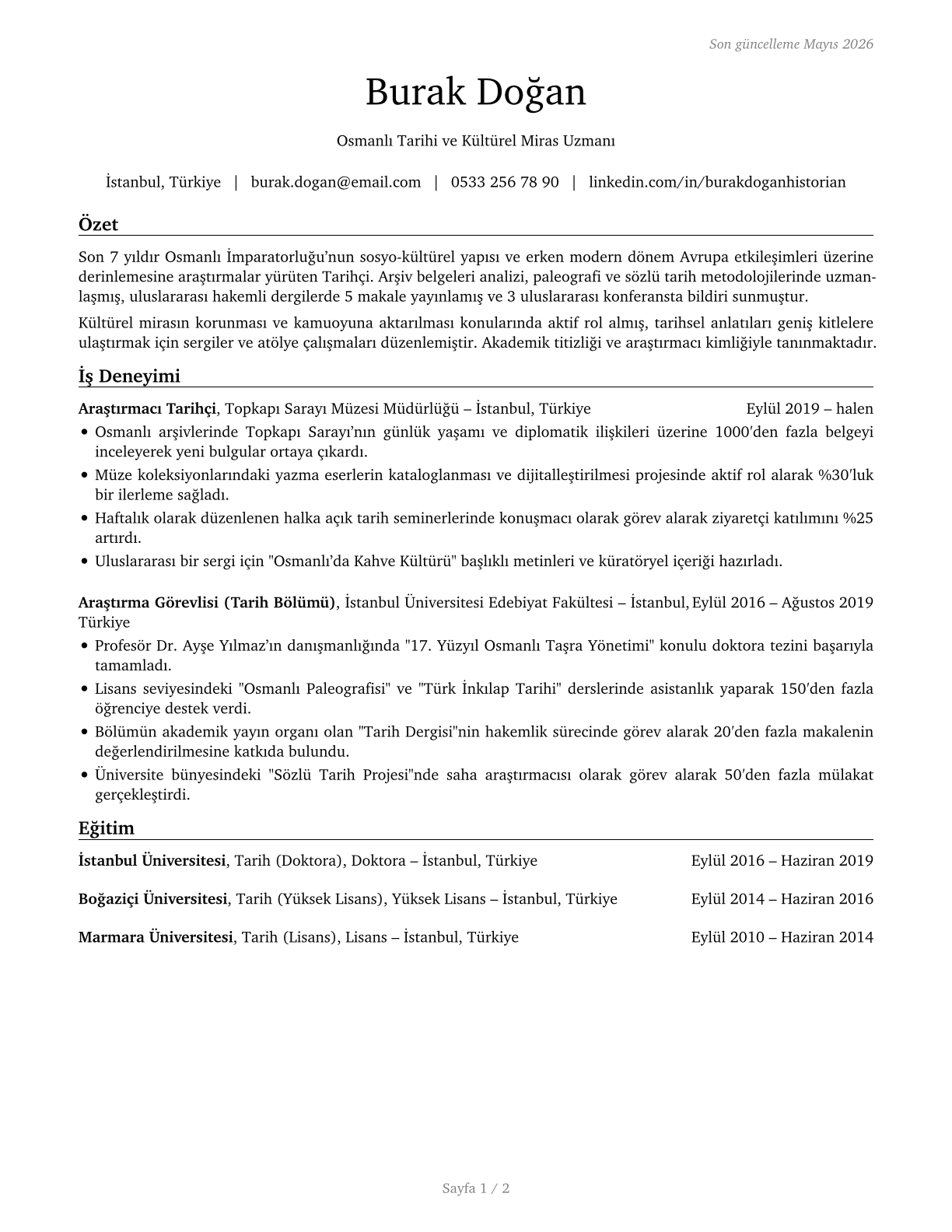 Historians CV in Turkish — page 1