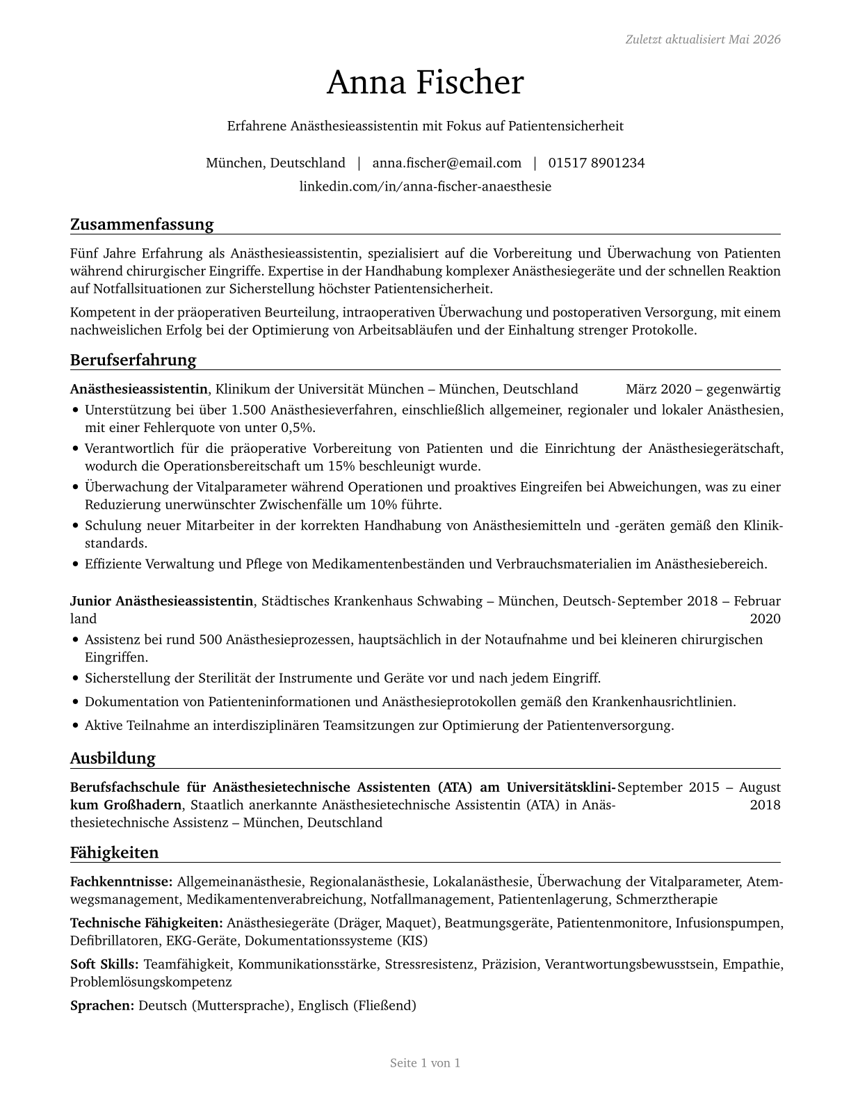 Anesthesiologist Assistants CV in German — page 1