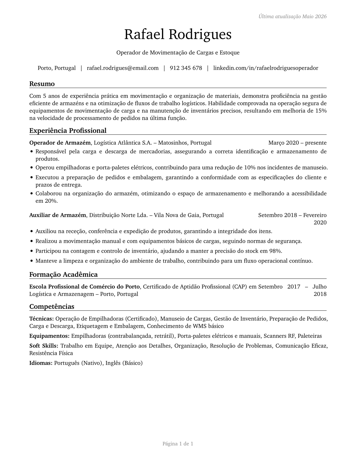 Laborers and Freight, Stock, and Material Movers, Hand CV in Portuguese — page 1