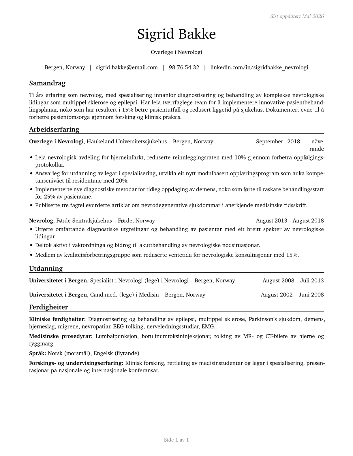 Neurologists CV in Norwegian_nynorsk — page 1