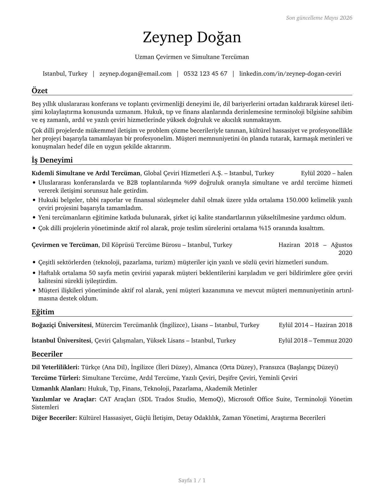 Interpreters and Translators CV in Turkish — page 1
