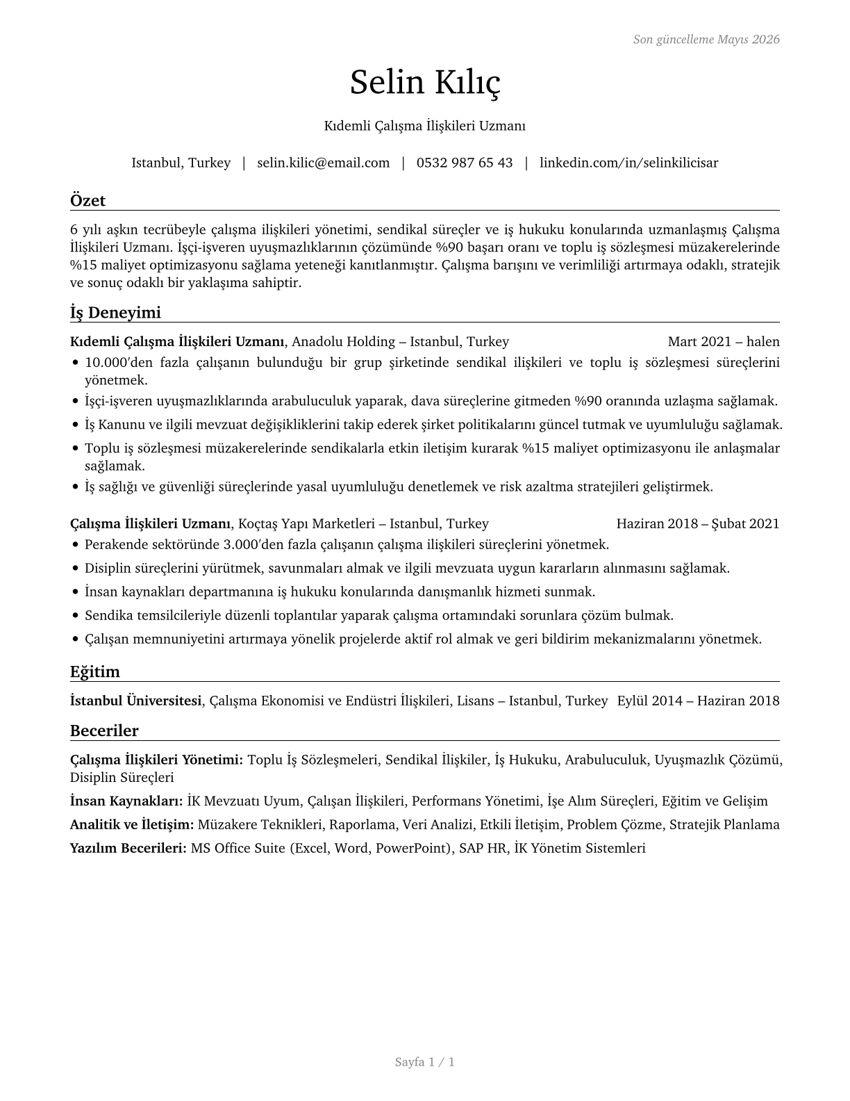 Labor Relations Specialists CV in Turkish — page 1