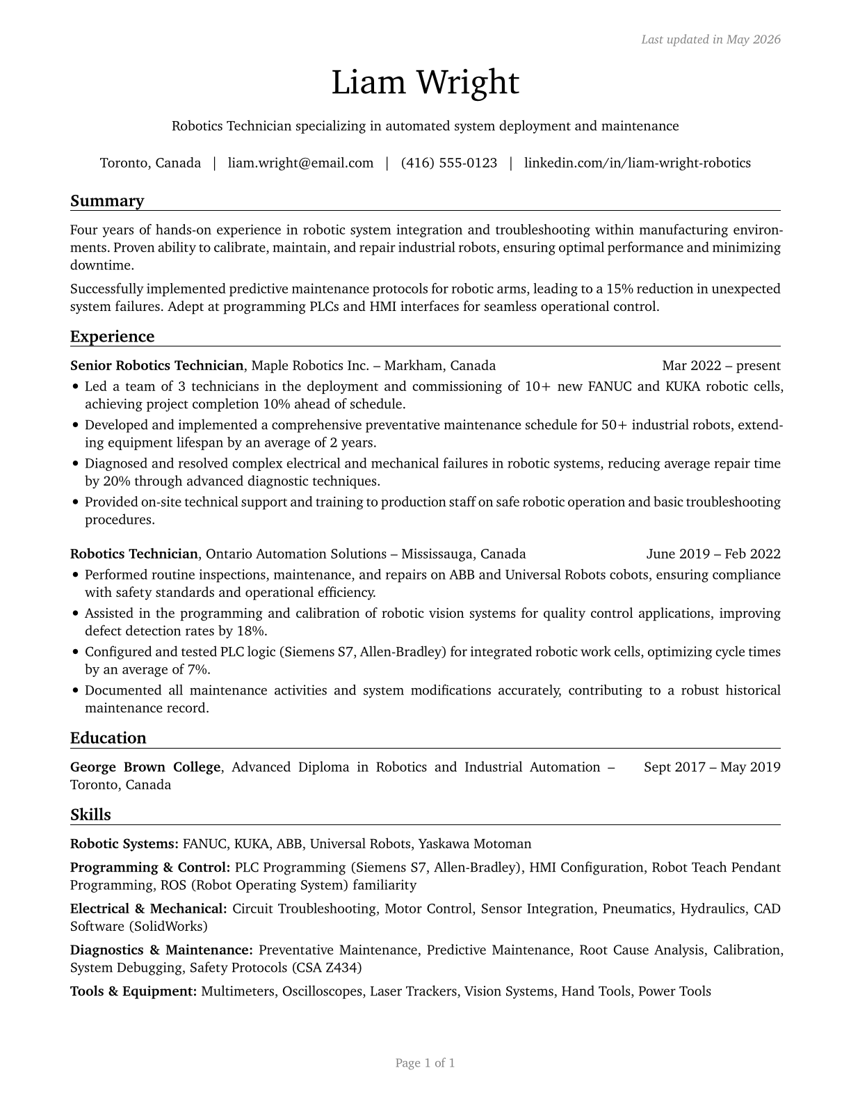 Robotics Technicians CV in English — page 1