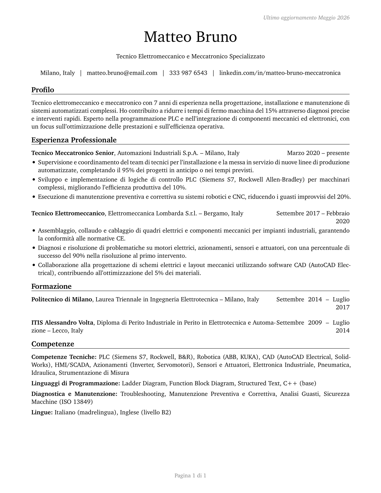 Electro-Mechanical and Mechatronics Technologists and Technicians CV in Italian — page 1