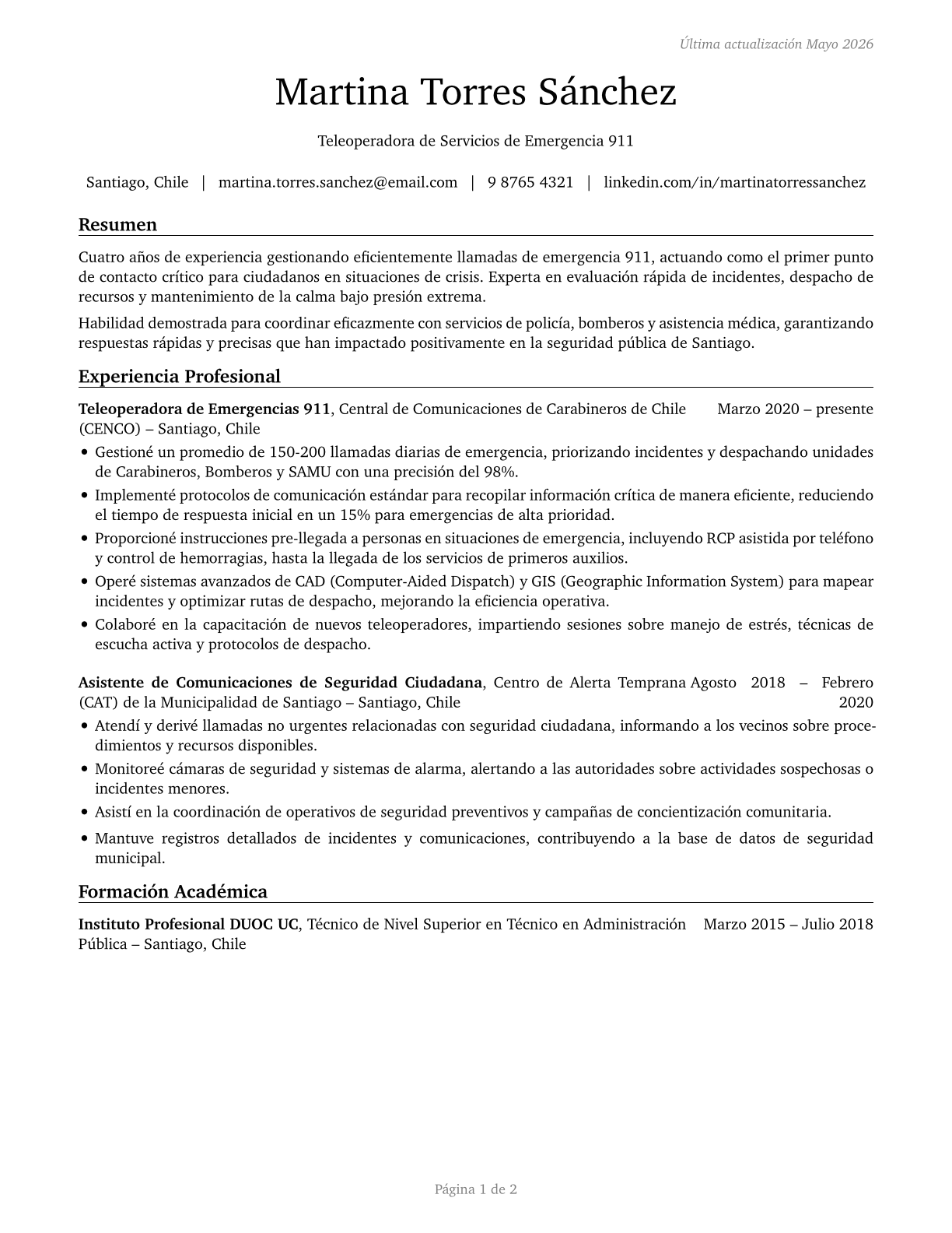 Public Safety Telecommunicators CV in Spanish — page 1