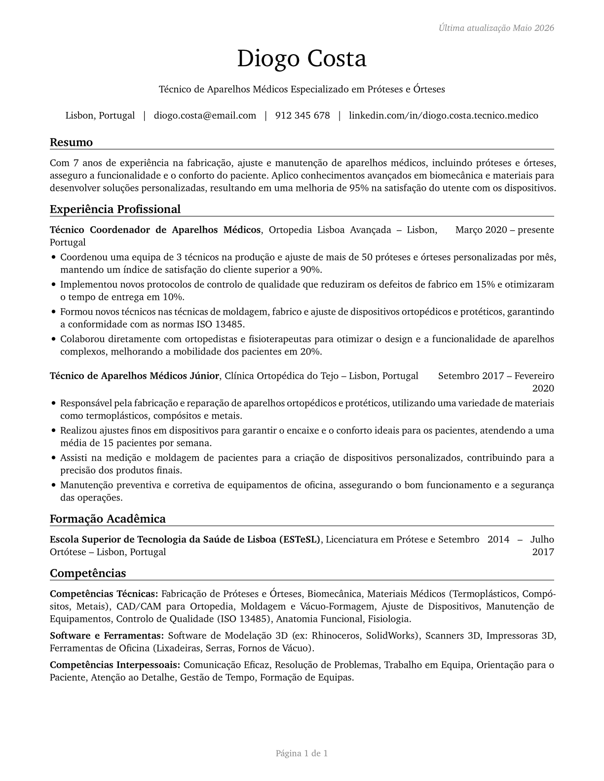 Medical Appliance Technicians CV in Portuguese — page 1