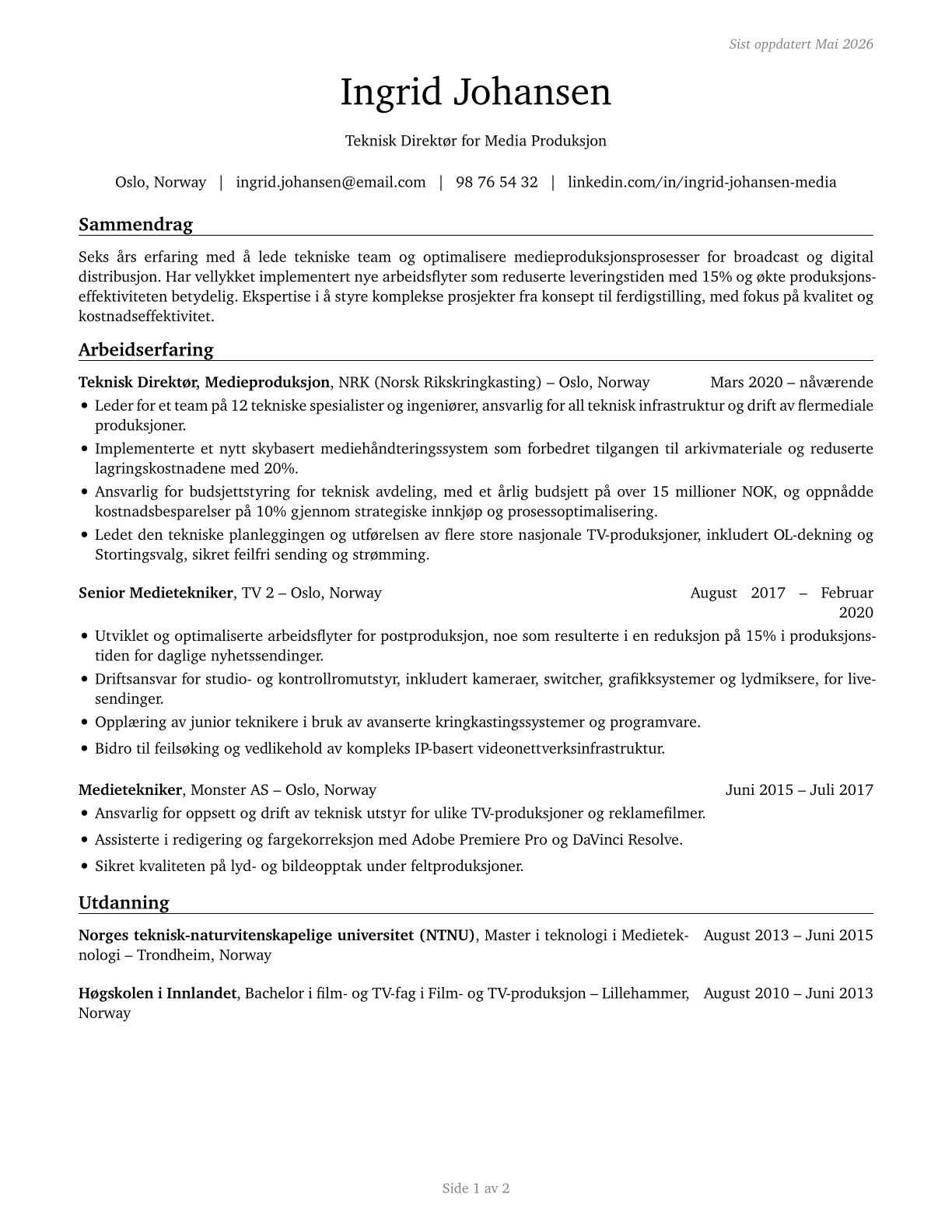 Media Technical Directors/Managers CV in Norwegian_bokmal — page 1