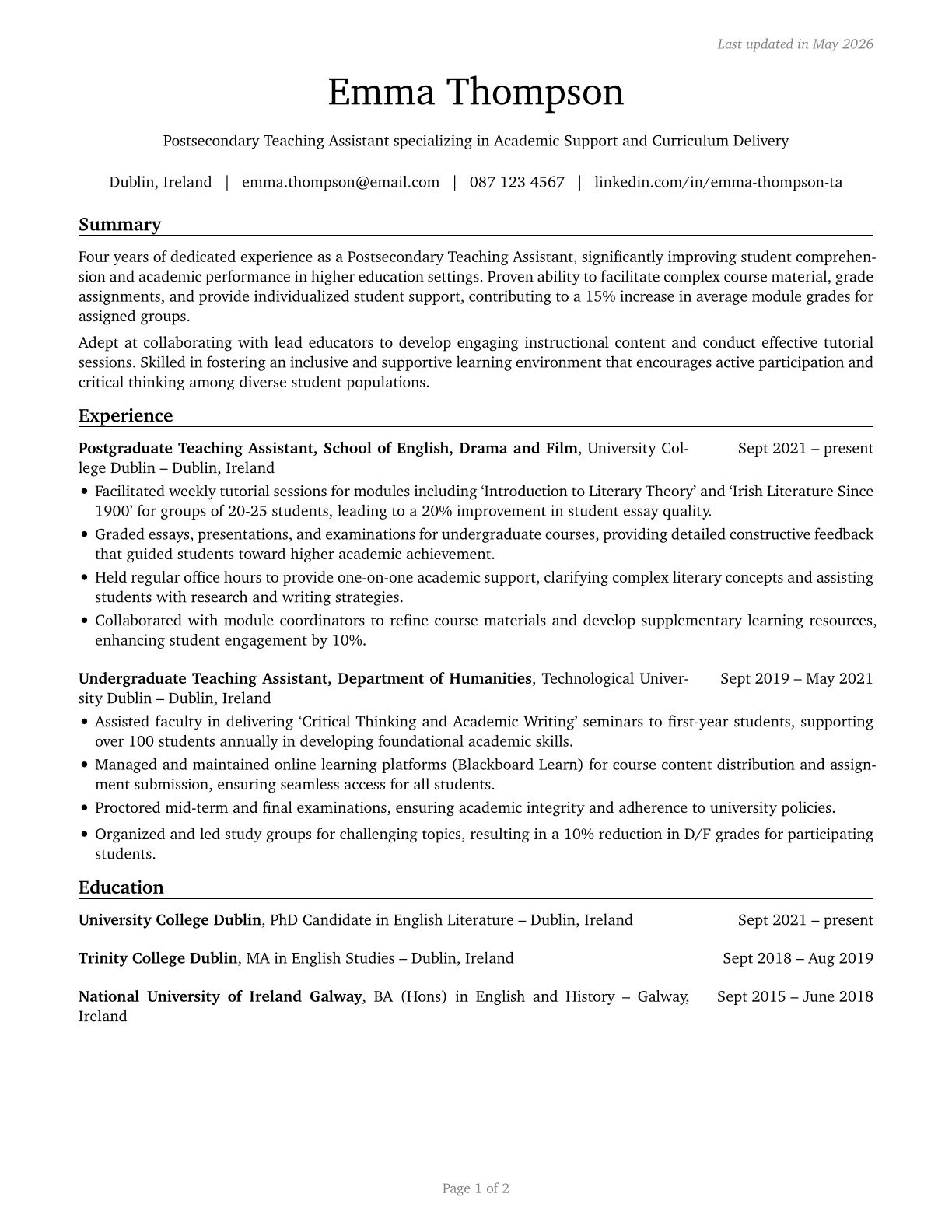 Teaching Assistants, Postsecondary CV in English — page 1