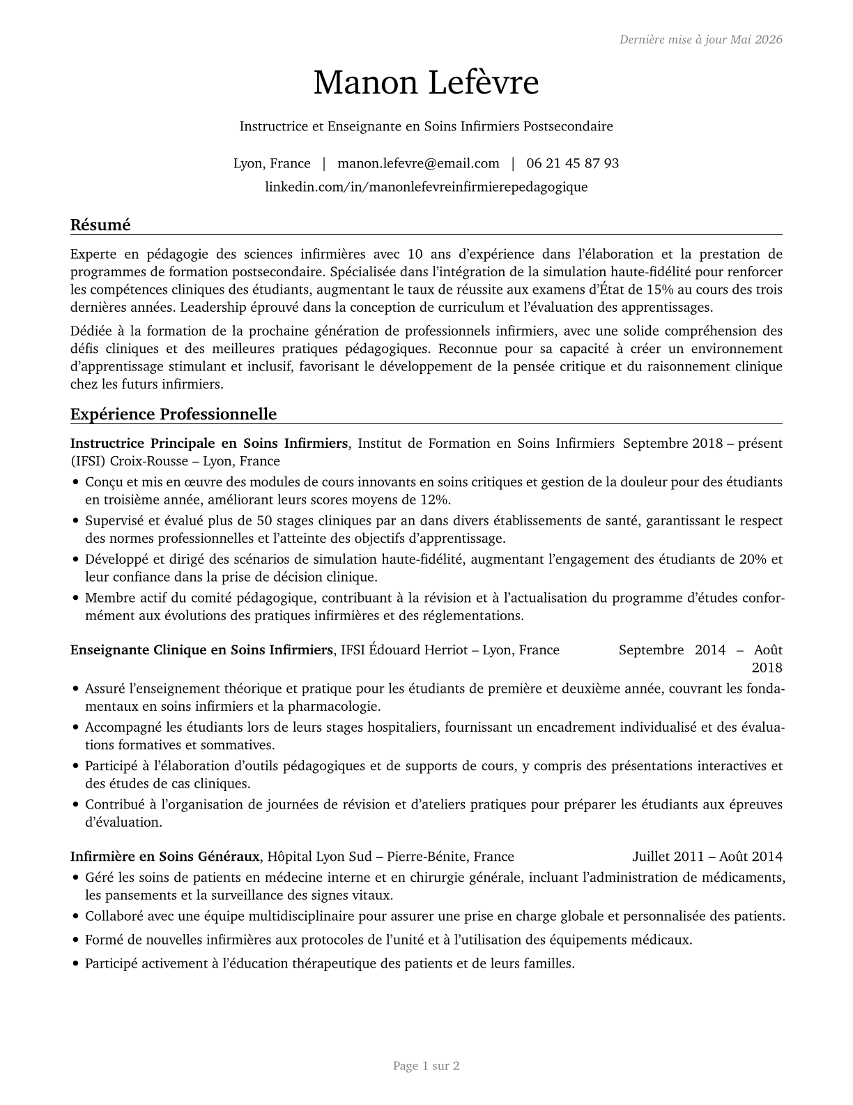 Nursing Instructors and Teachers, Postsecondary CV in French — page 1