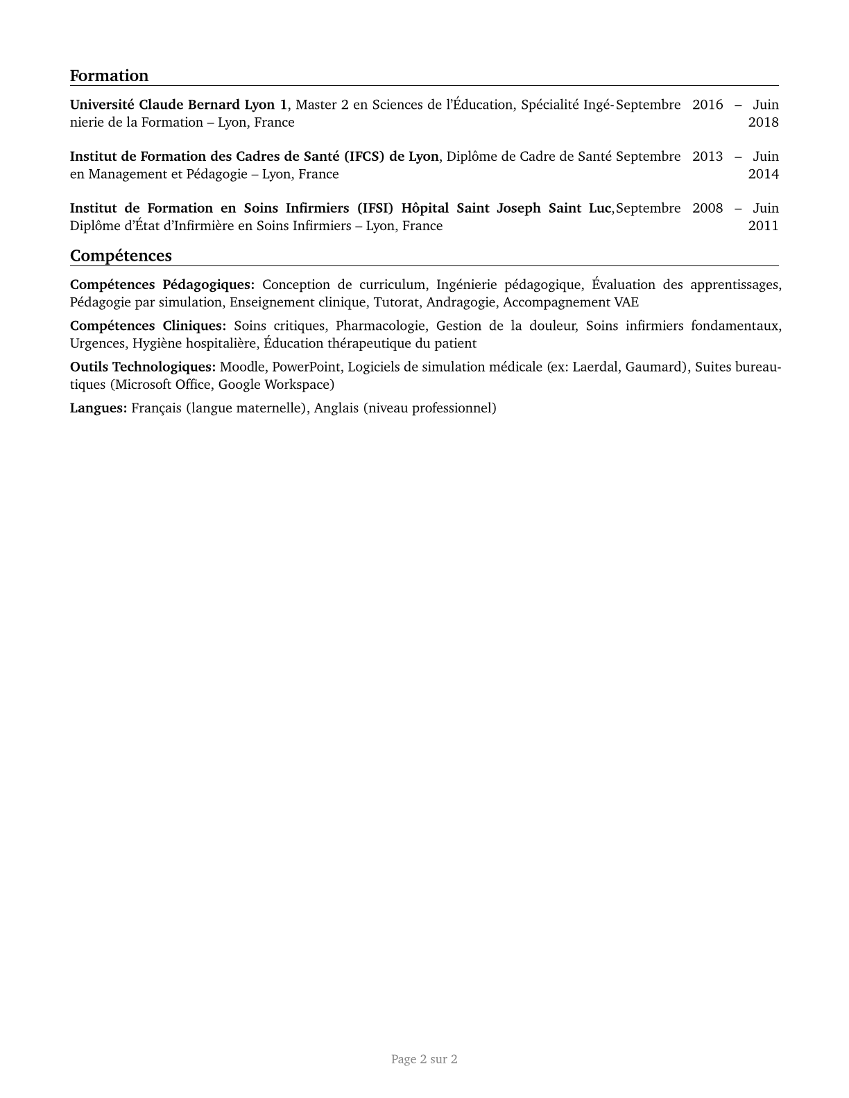 Nursing Instructors and Teachers, Postsecondary CV in French — page 2