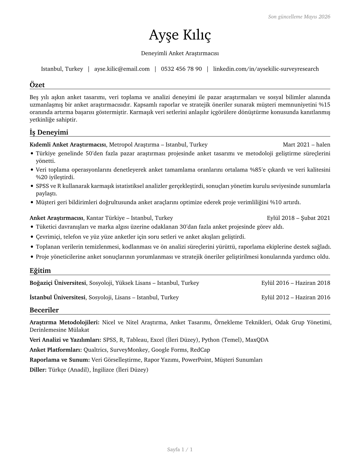 Survey Researchers CV in Turkish — page 1