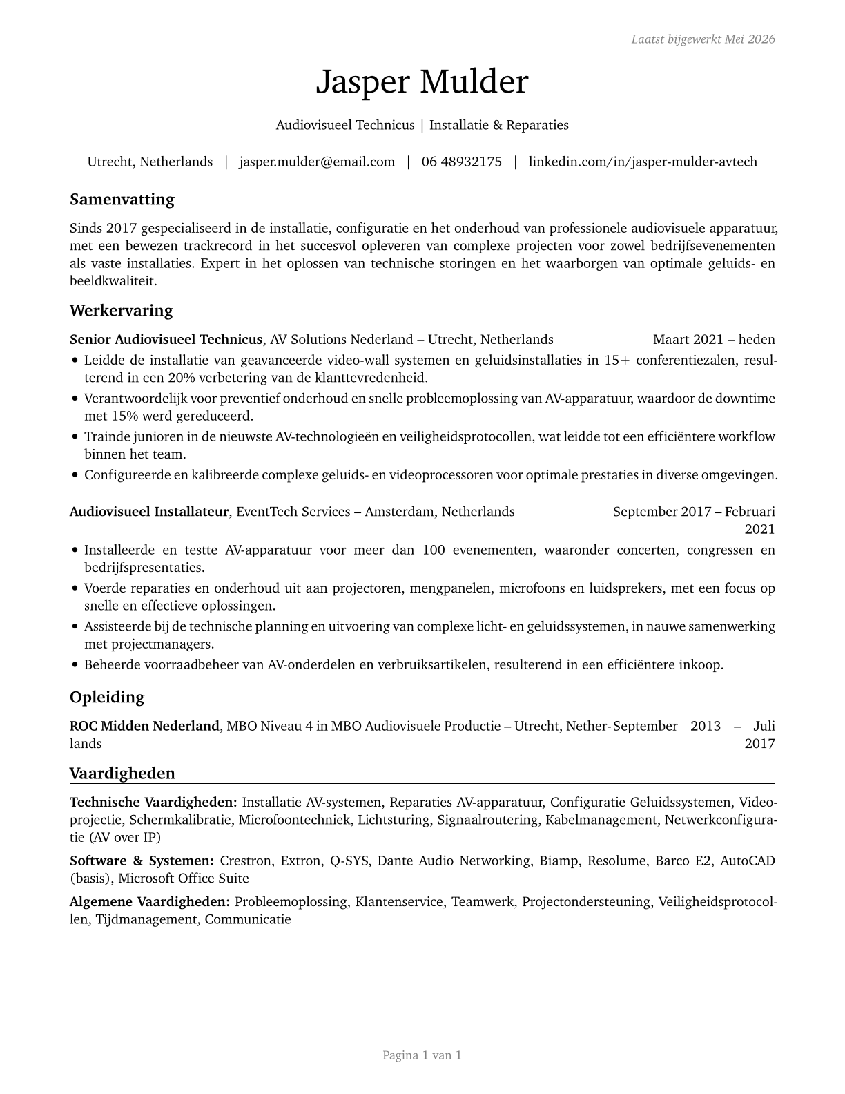 Audiovisual Equipment Installers and Repairers CV in Dutch — page 1