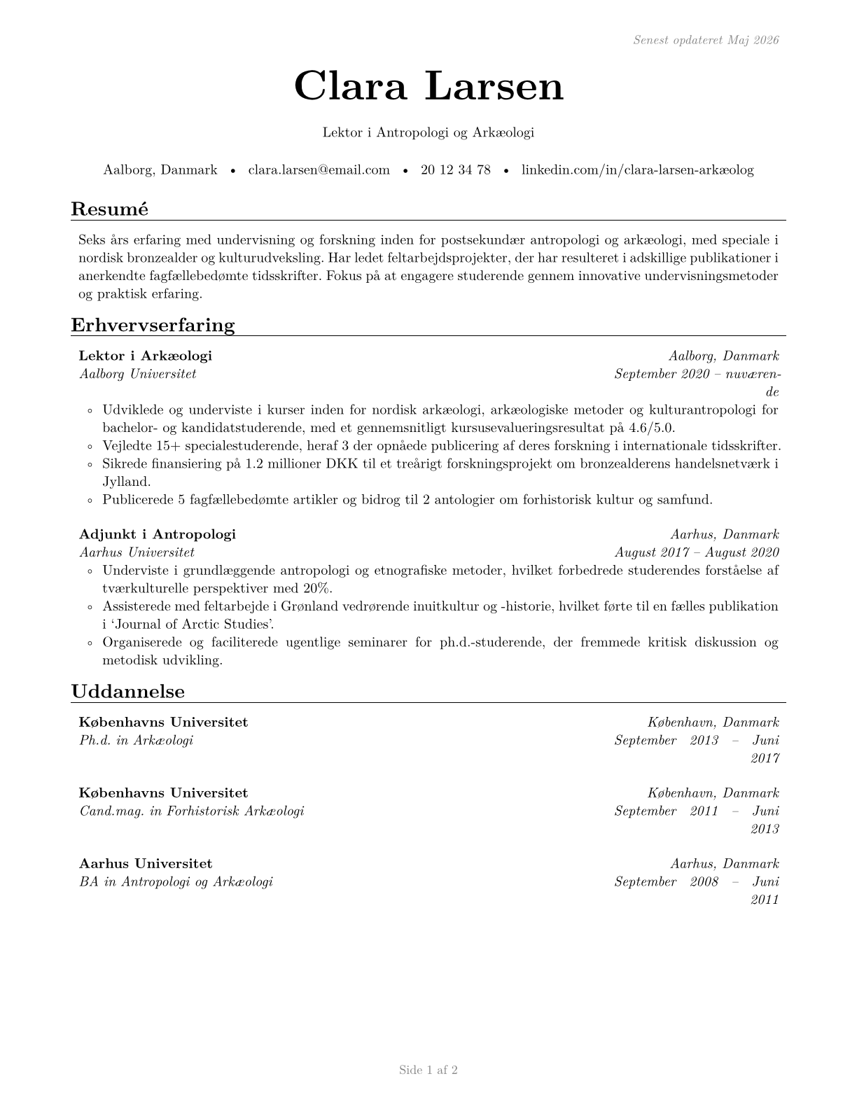 Anthropology and Archeology Teachers, Postsecondary CV in Danish — page 1