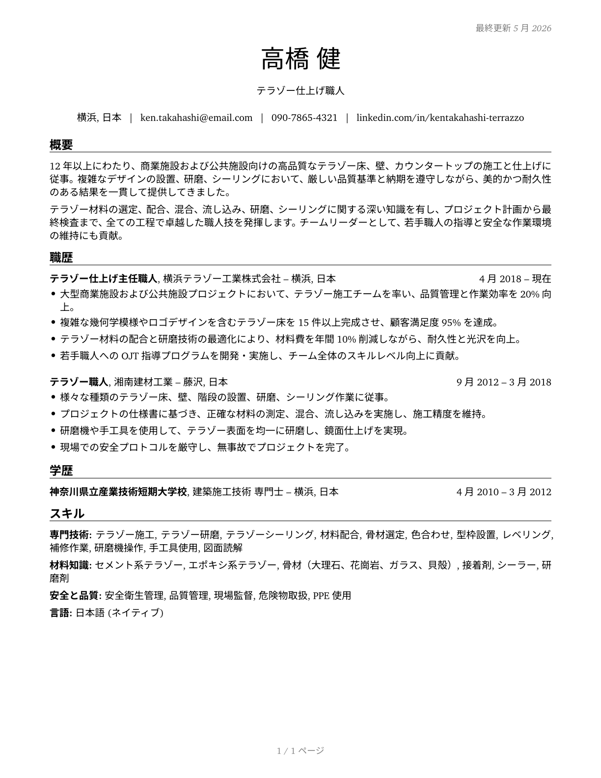 Terrazzo Workers and Finishers CV in Japanese — page 1