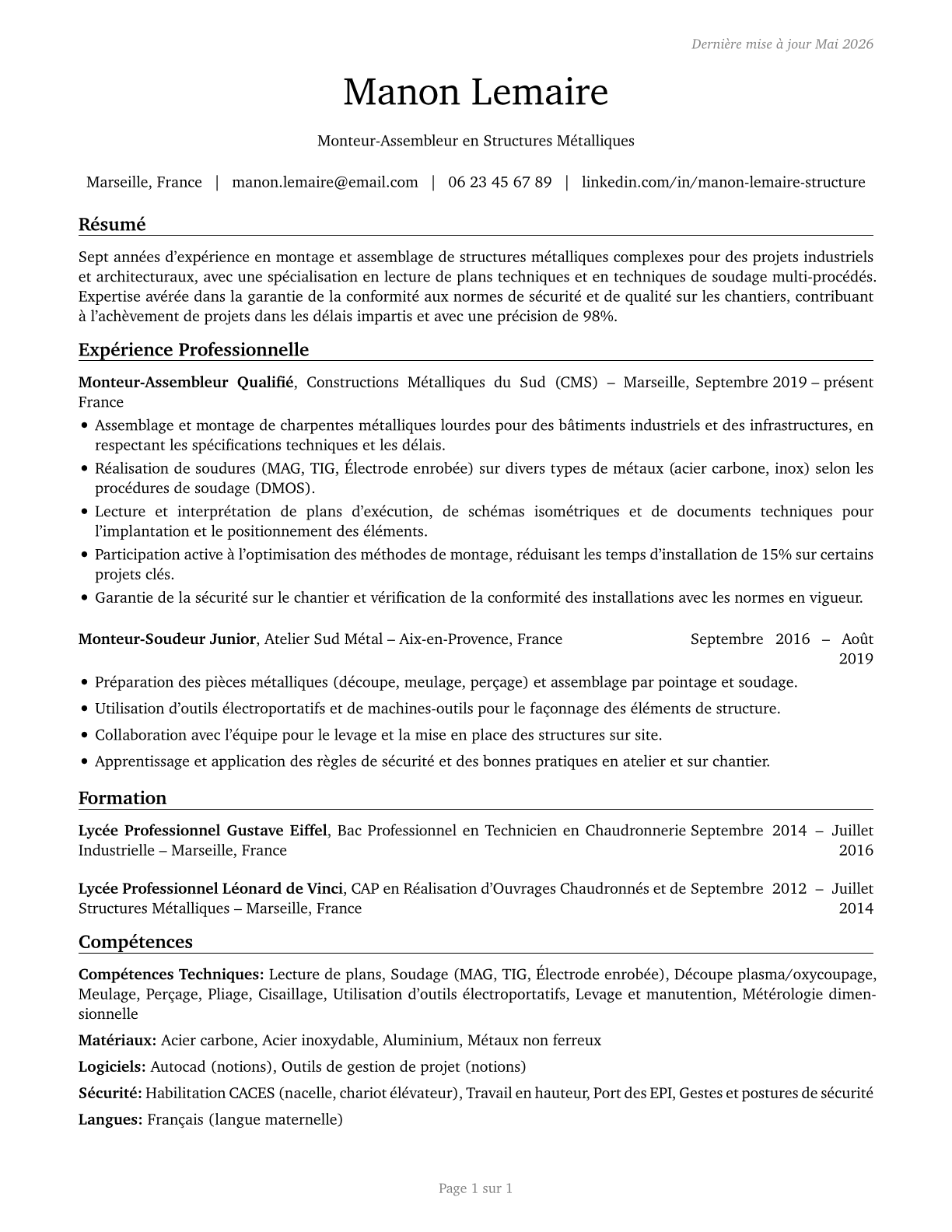 Structural Metal Fabricators and Fitters CV in French — page 1