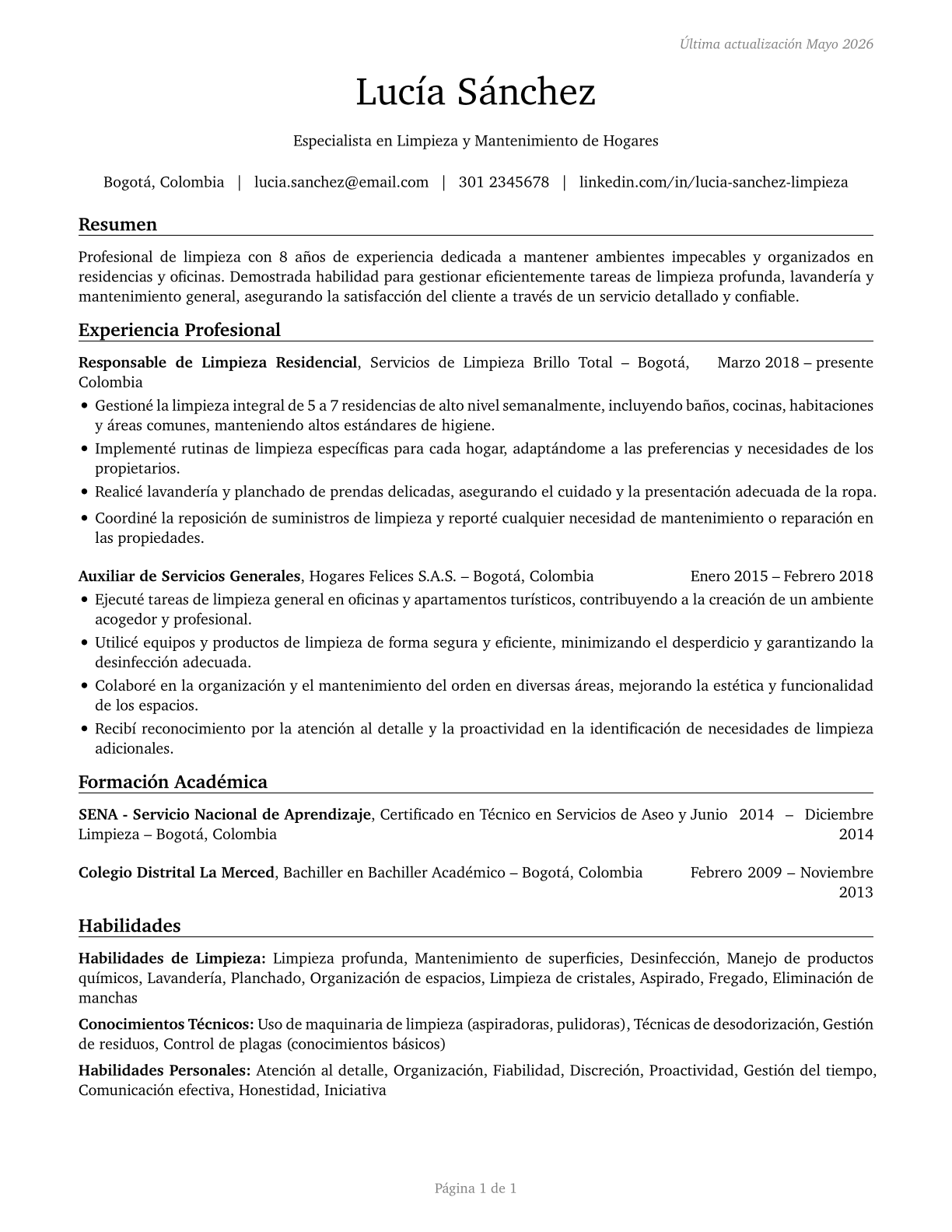 Maids and Housekeeping Cleaners CV in Spanish — page 1