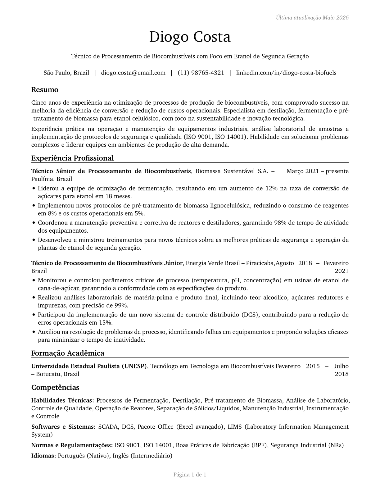 Biofuels Processing Technicians CV in Portuguese — page 1