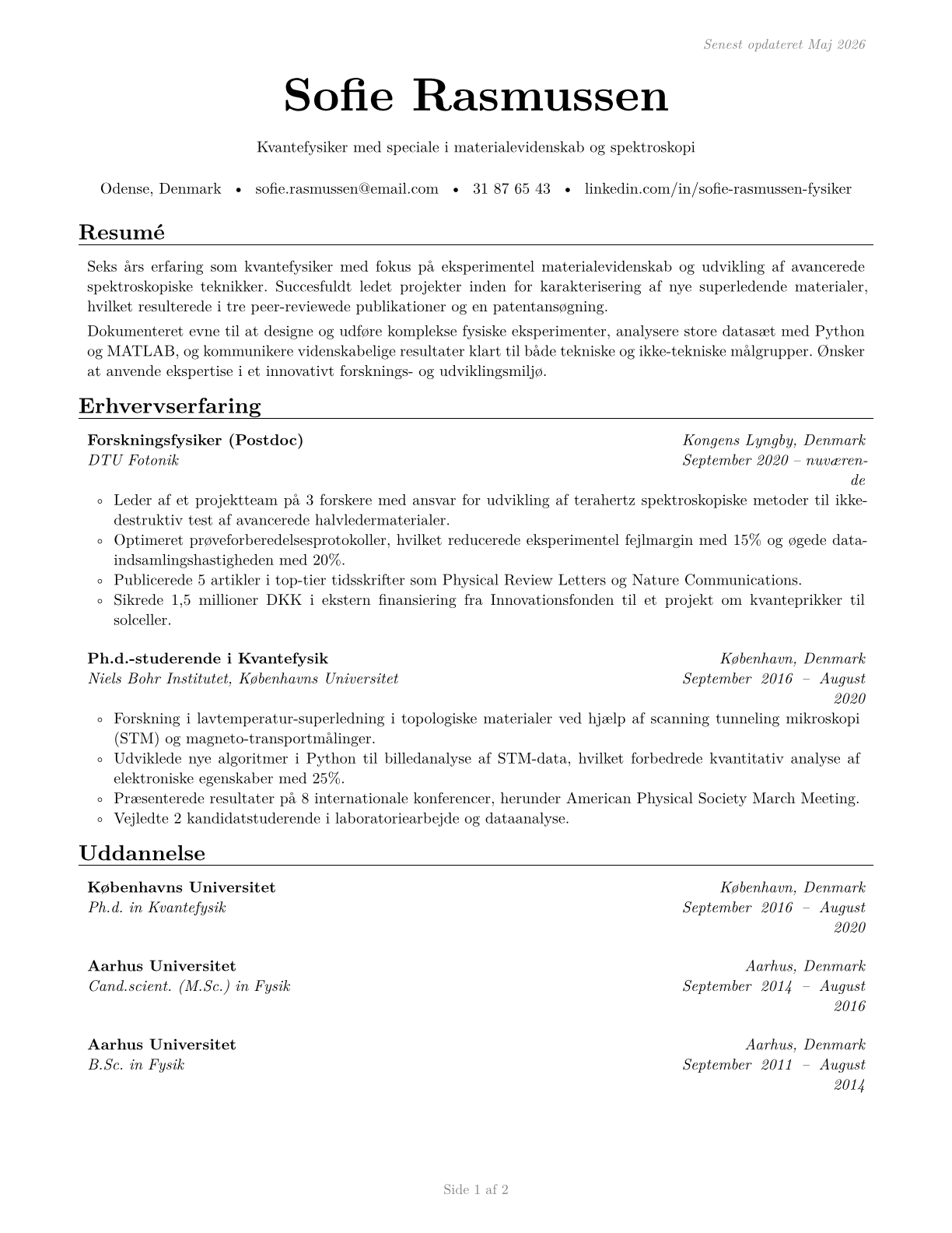 Physicists CV in Danish — page 1