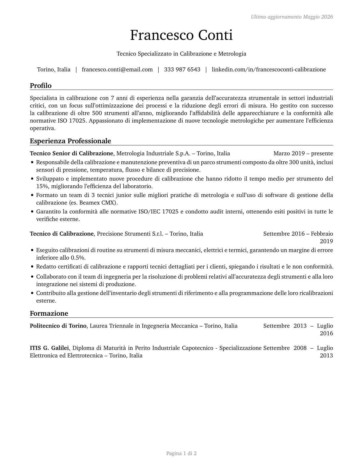 Calibration Technologists and Technicians CV in Italian — page 1