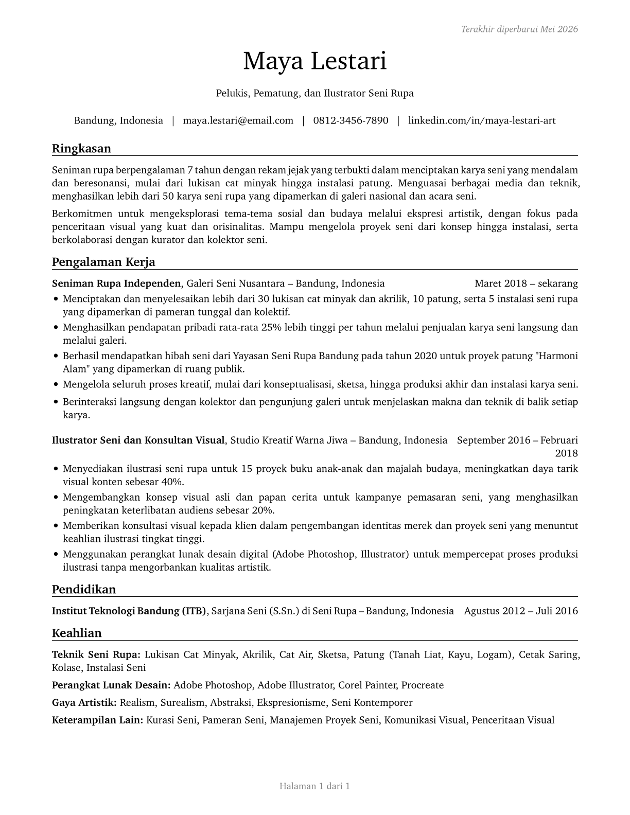 Fine Artists, Including Painters, Sculptors, and Illustrators CV in Indonesian — page 1