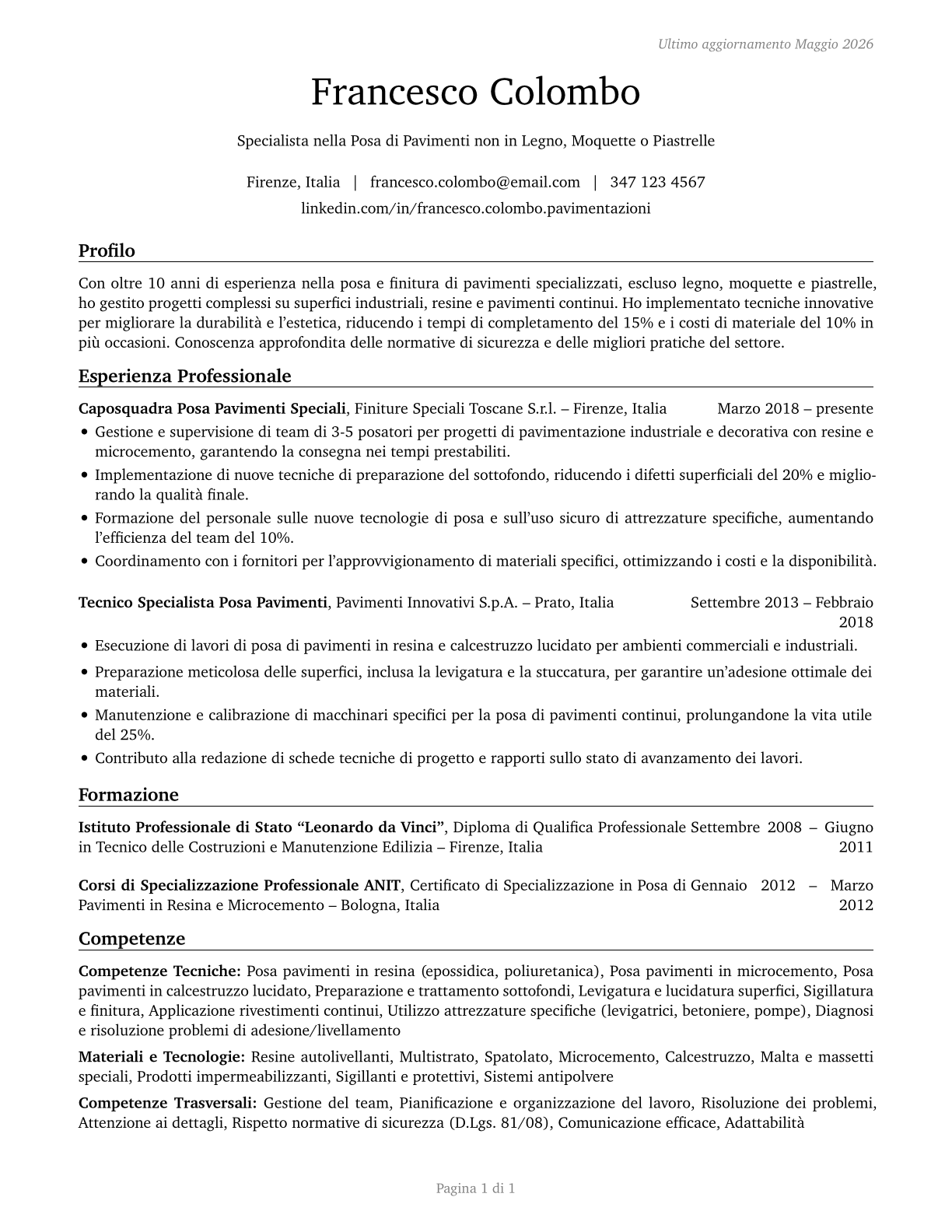 Floor Layers, Except Carpet, Wood, and Hard Tiles CV in Italian — page 1