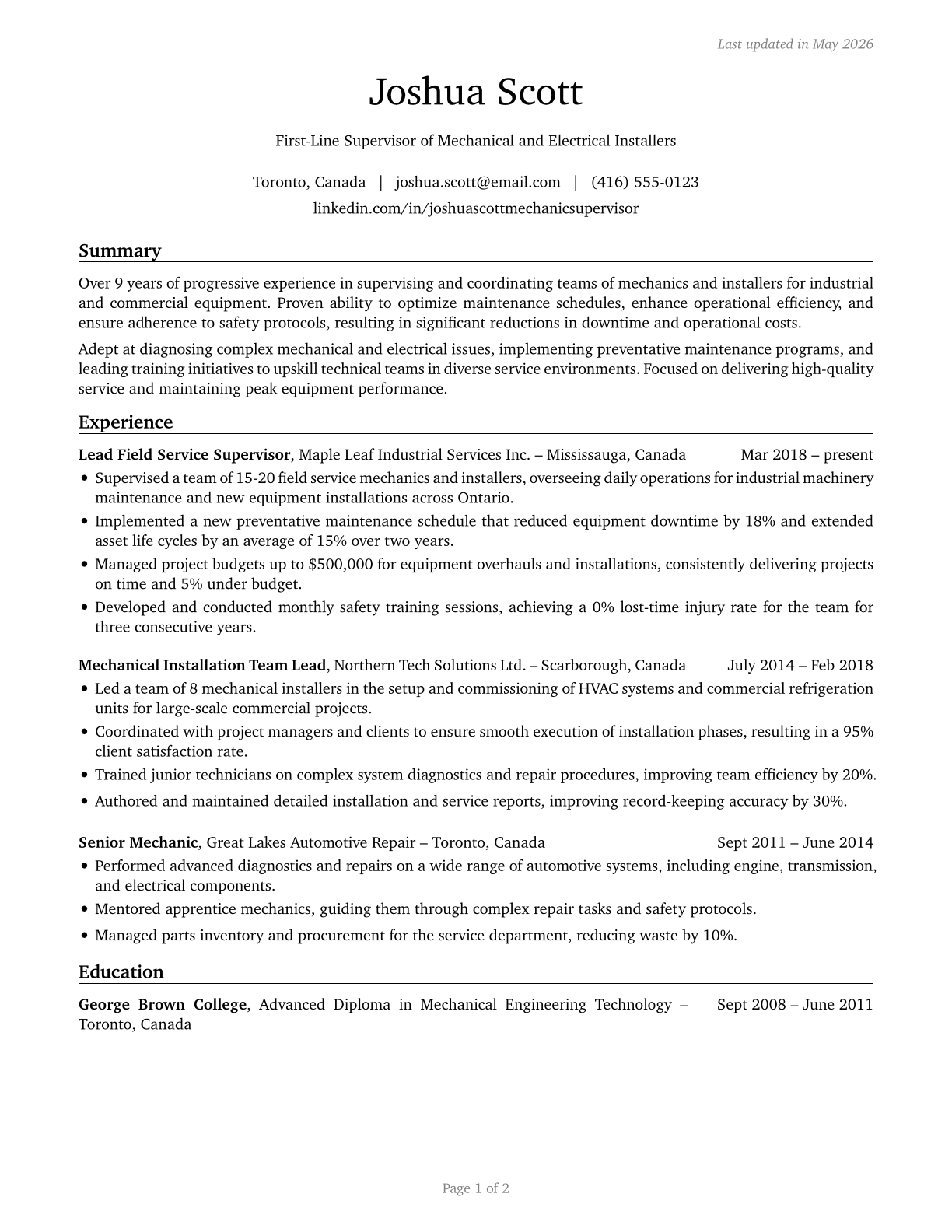 First-Line Supervisors of Mechanics, Installers, and Repairers CV in English — page 1