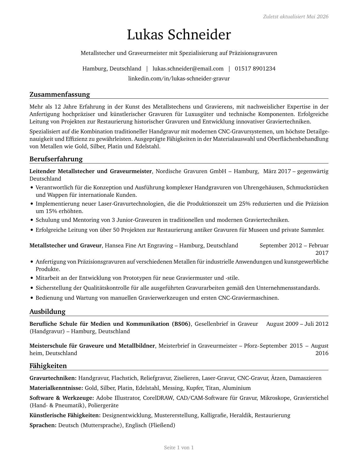 Etchers and Engravers CV in German — page 1