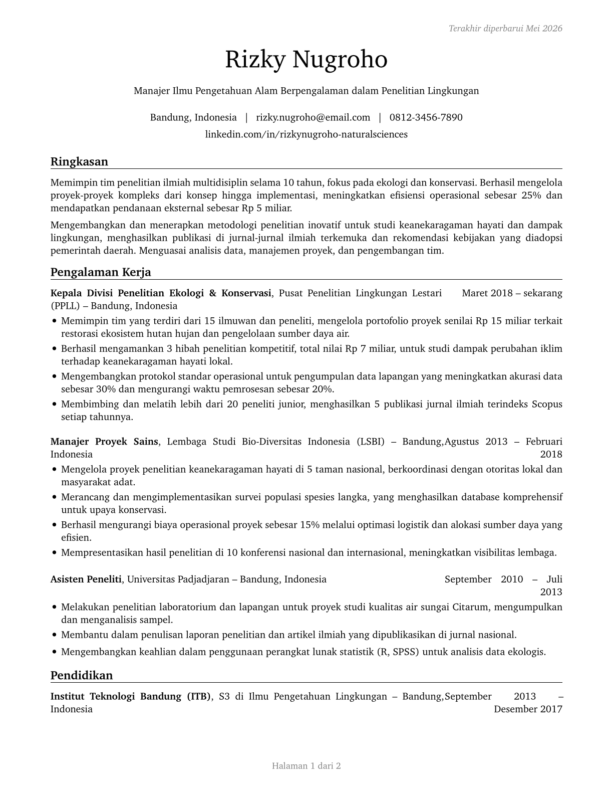 Natural Sciences Managers CV in Indonesian — page 1