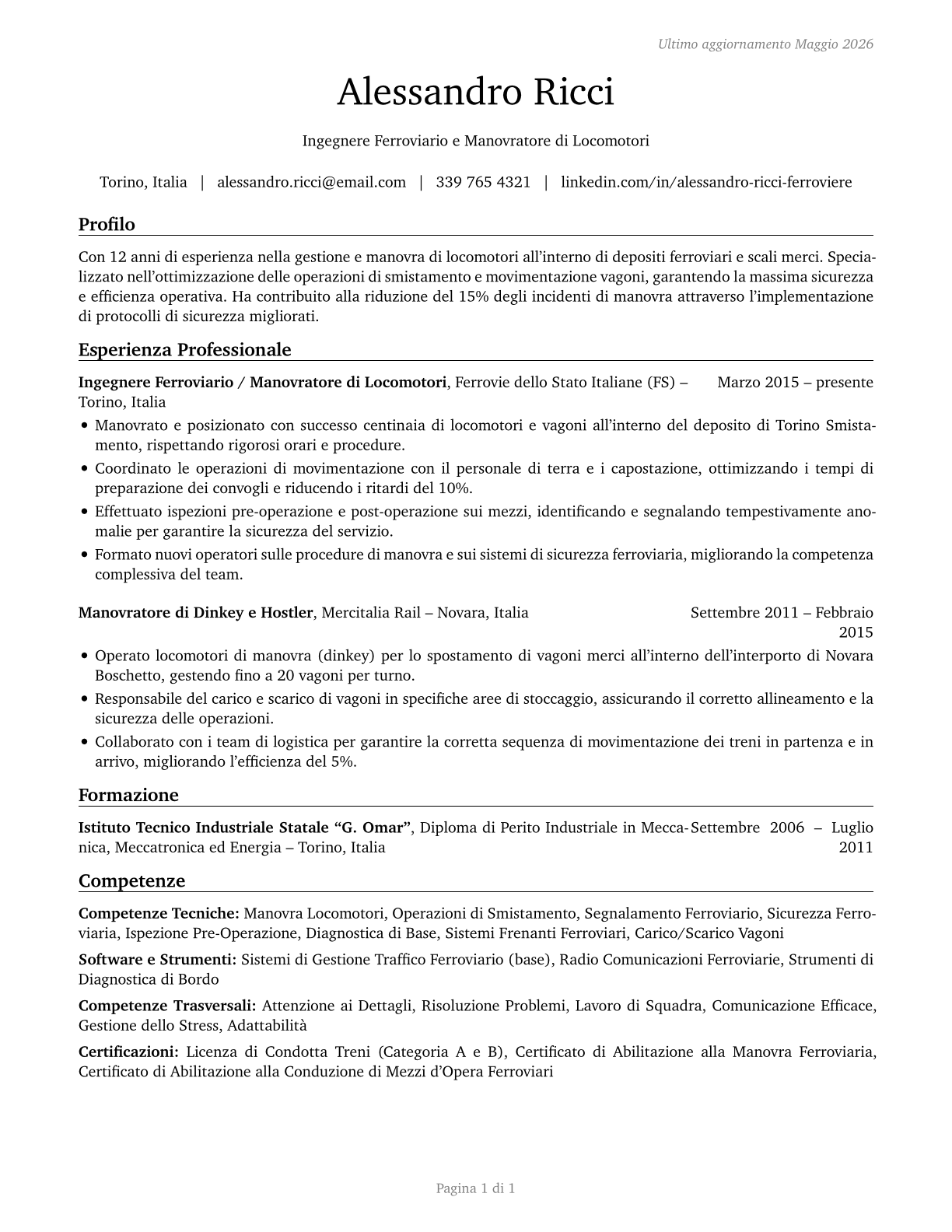 Rail Yard Engineers, Dinkey Operators, and Hostlers CV in Italian — page 1