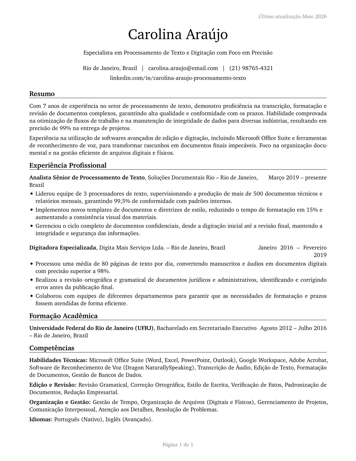 Word Processors and Typists CV in Portuguese — page 1