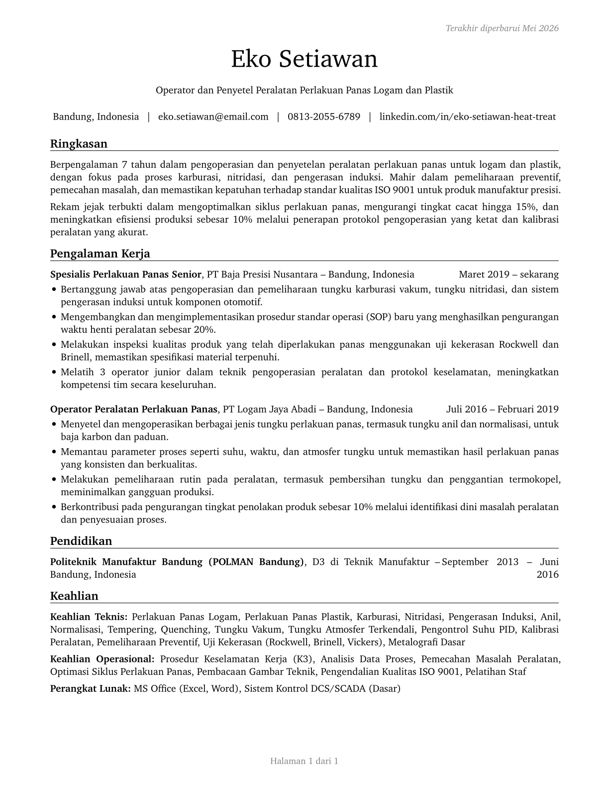 Heat Treating Equipment Setters, Operators, and Tenders, Metal and Plastic CV in Indonesian — page 1