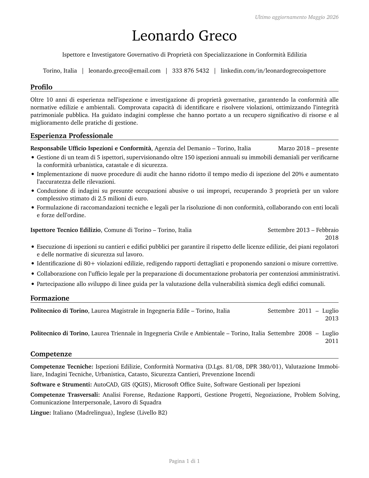 Government Property Inspectors and Investigators CV in Italian — page 1