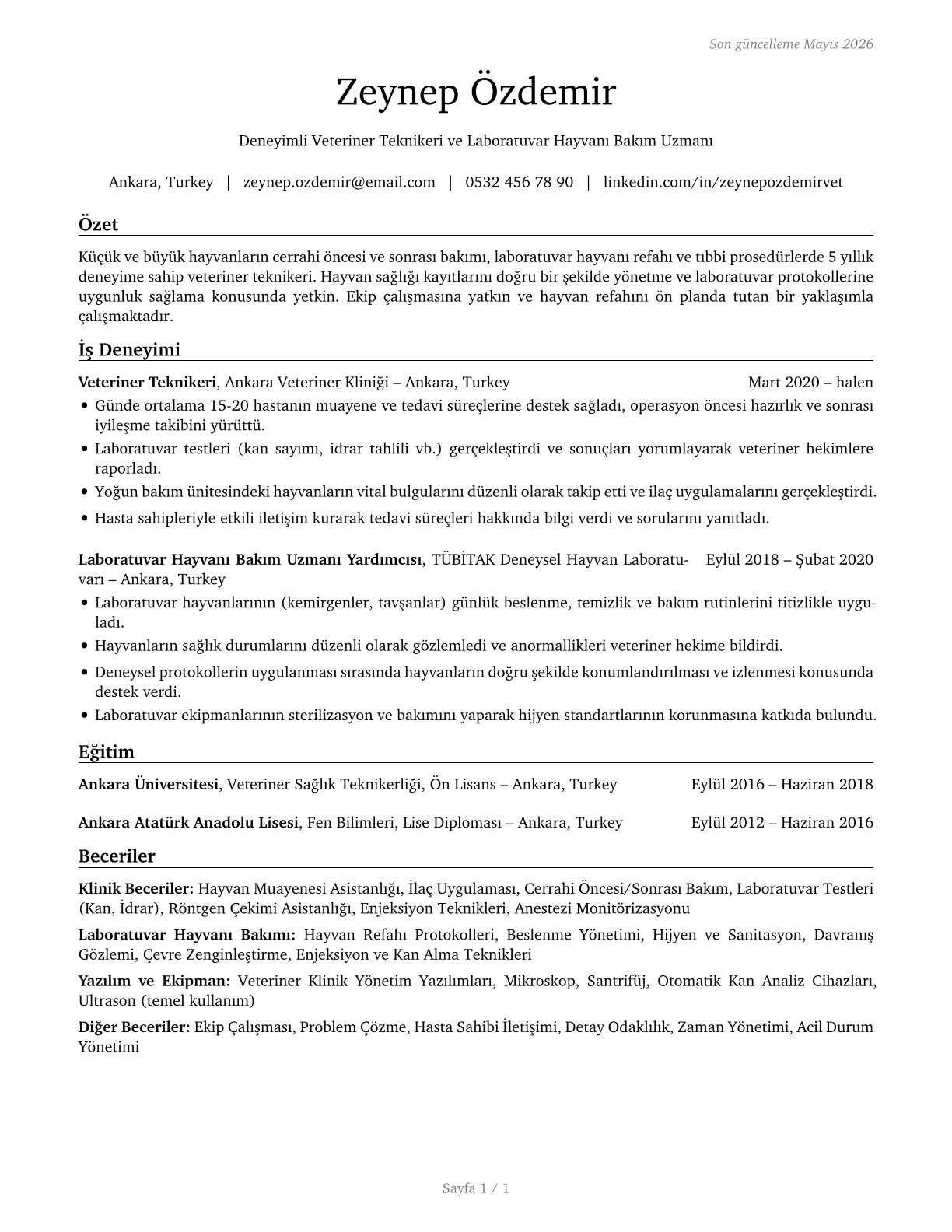 Veterinary Assistants and Laboratory Animal Caretakers CV in Turkish — page 1