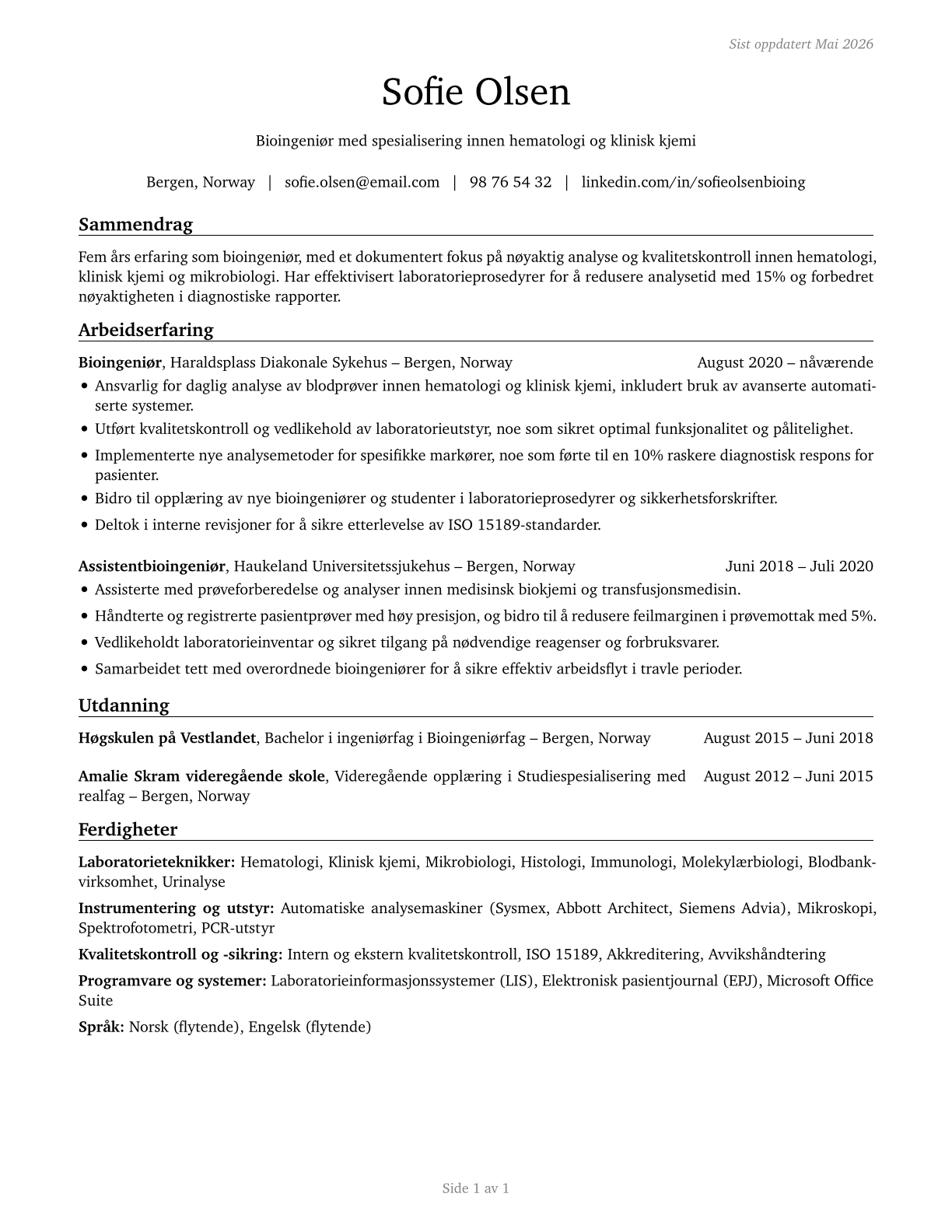 Medical and Clinical Laboratory Technologists CV in Norwegian_bokmal — page 1