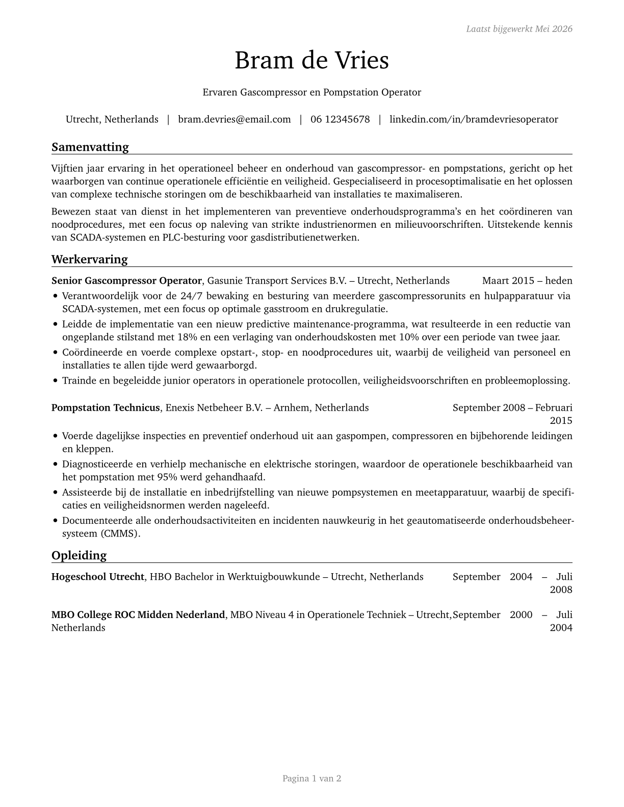 Gas Compressor and Gas Pumping Station Operators CV in Dutch — page 1