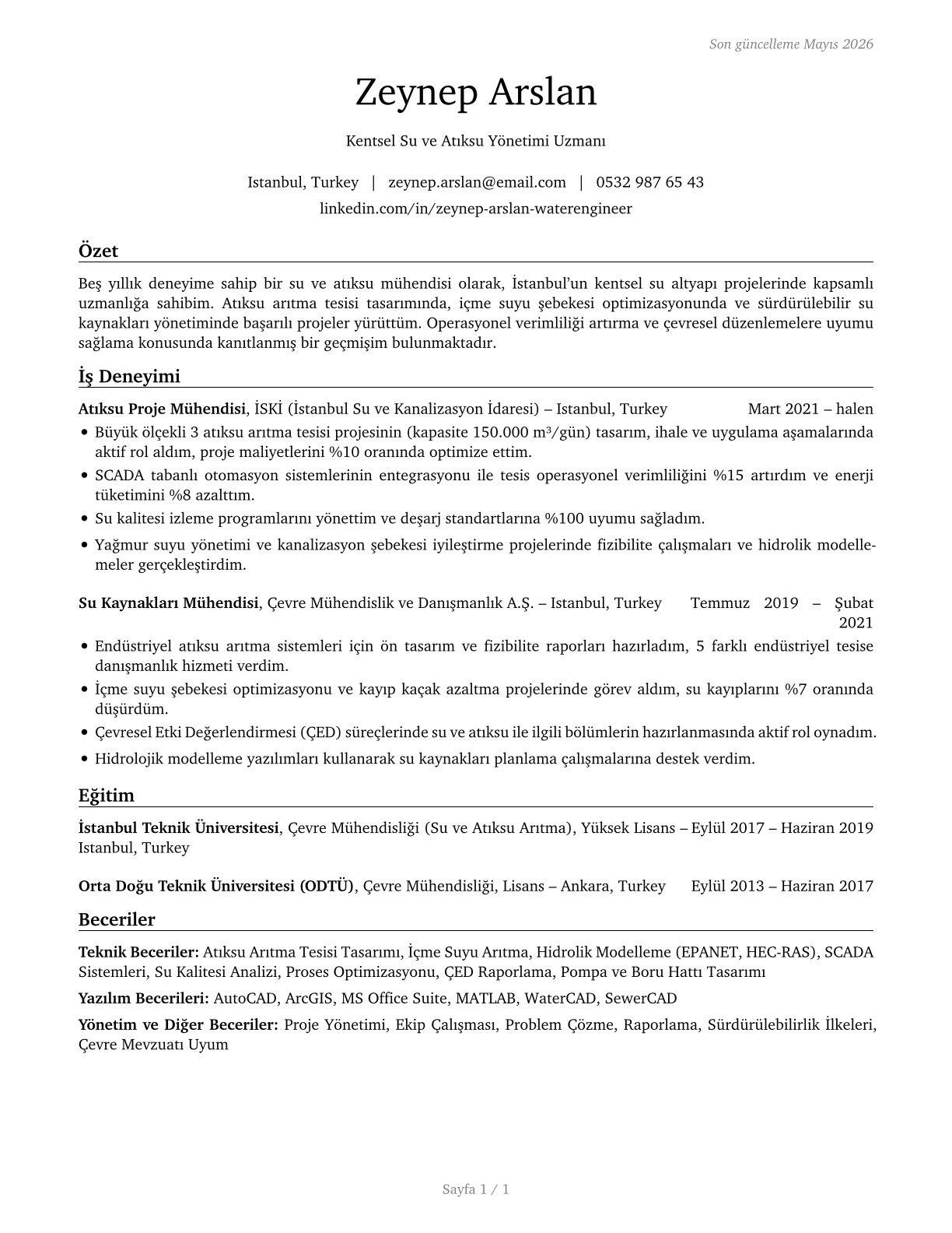 Water/Wastewater Engineers CV in Turkish — page 1