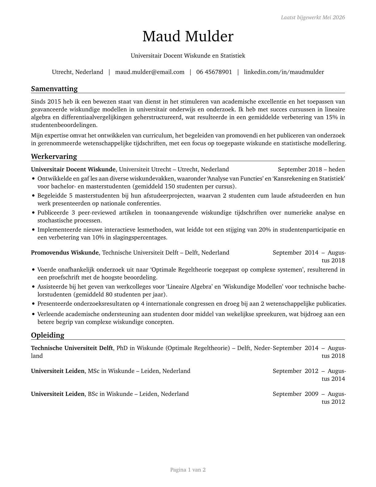 Mathematical Science Teachers, Postsecondary CV in Dutch — page 1