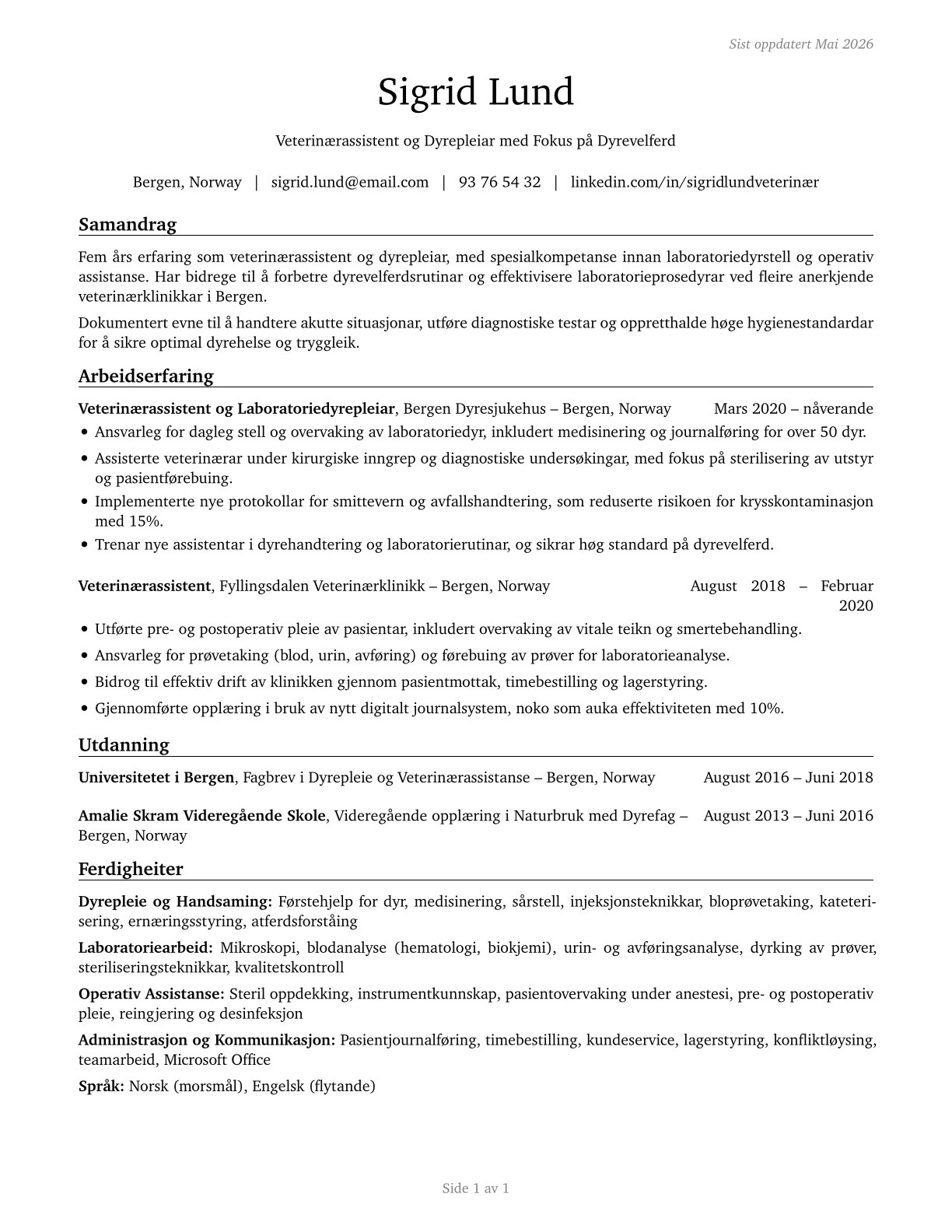 Veterinary Assistants and Laboratory Animal Caretakers CV in Norwegian_nynorsk — page 1