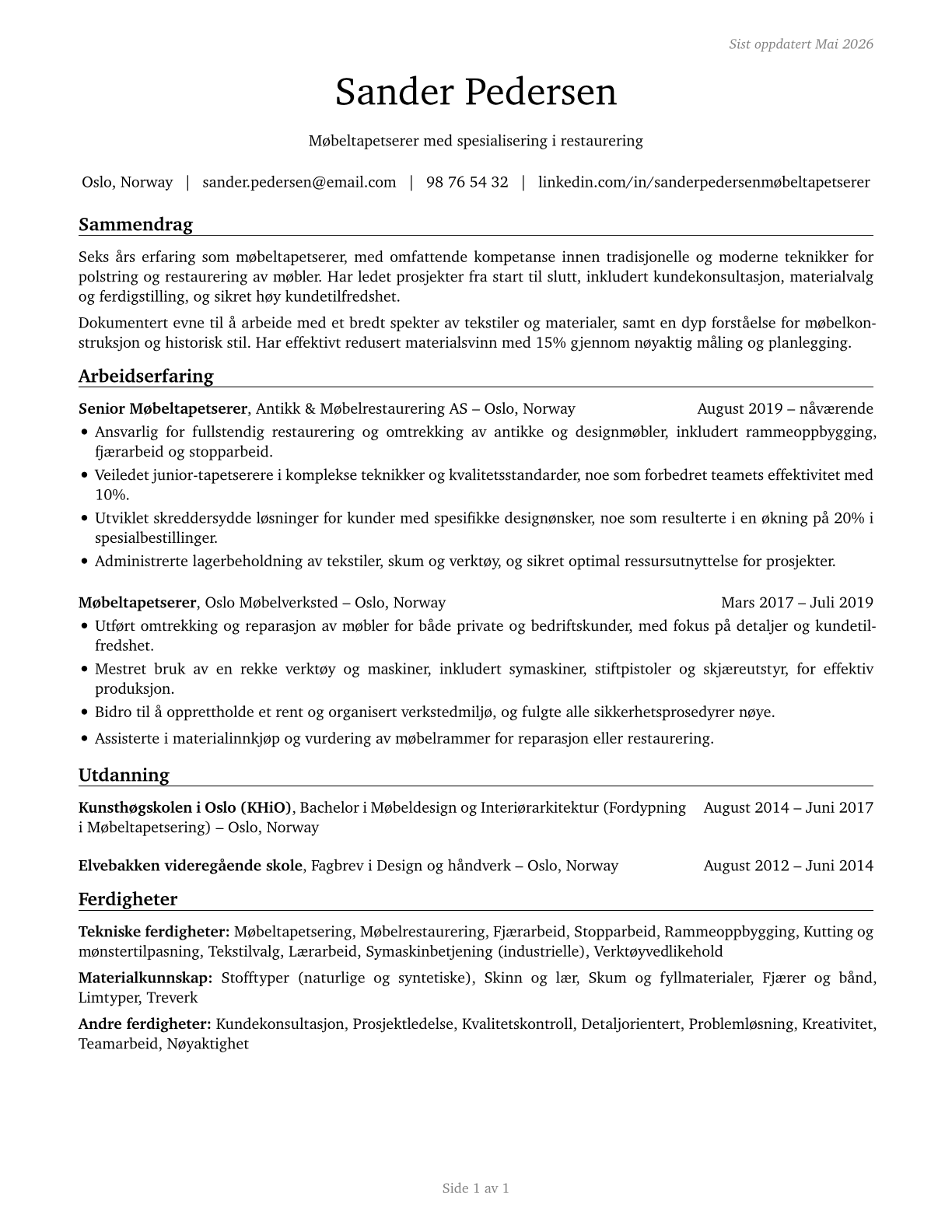 Upholsterers CV in Norwegian_bokmal — page 1