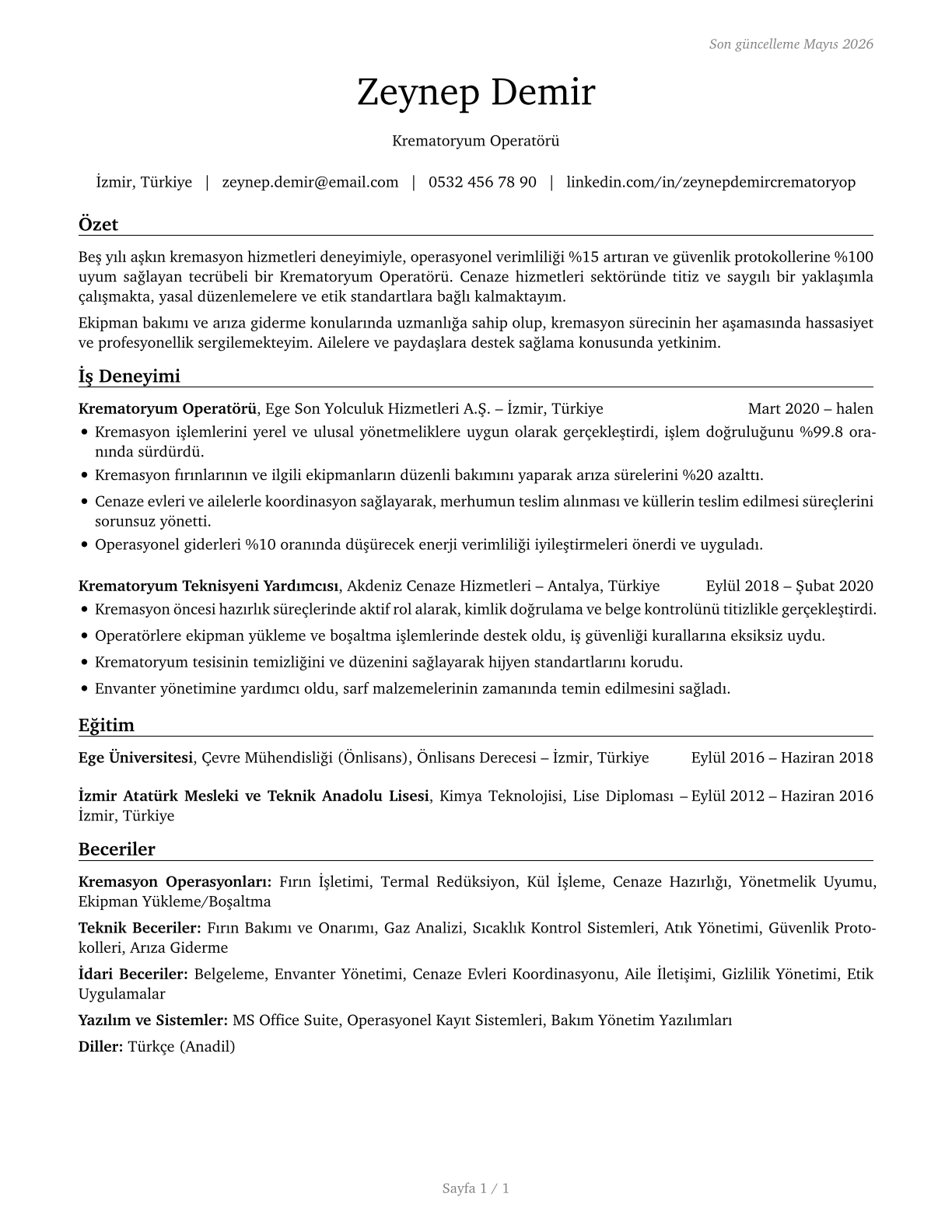 Crematory Operators CV in Turkish — page 1