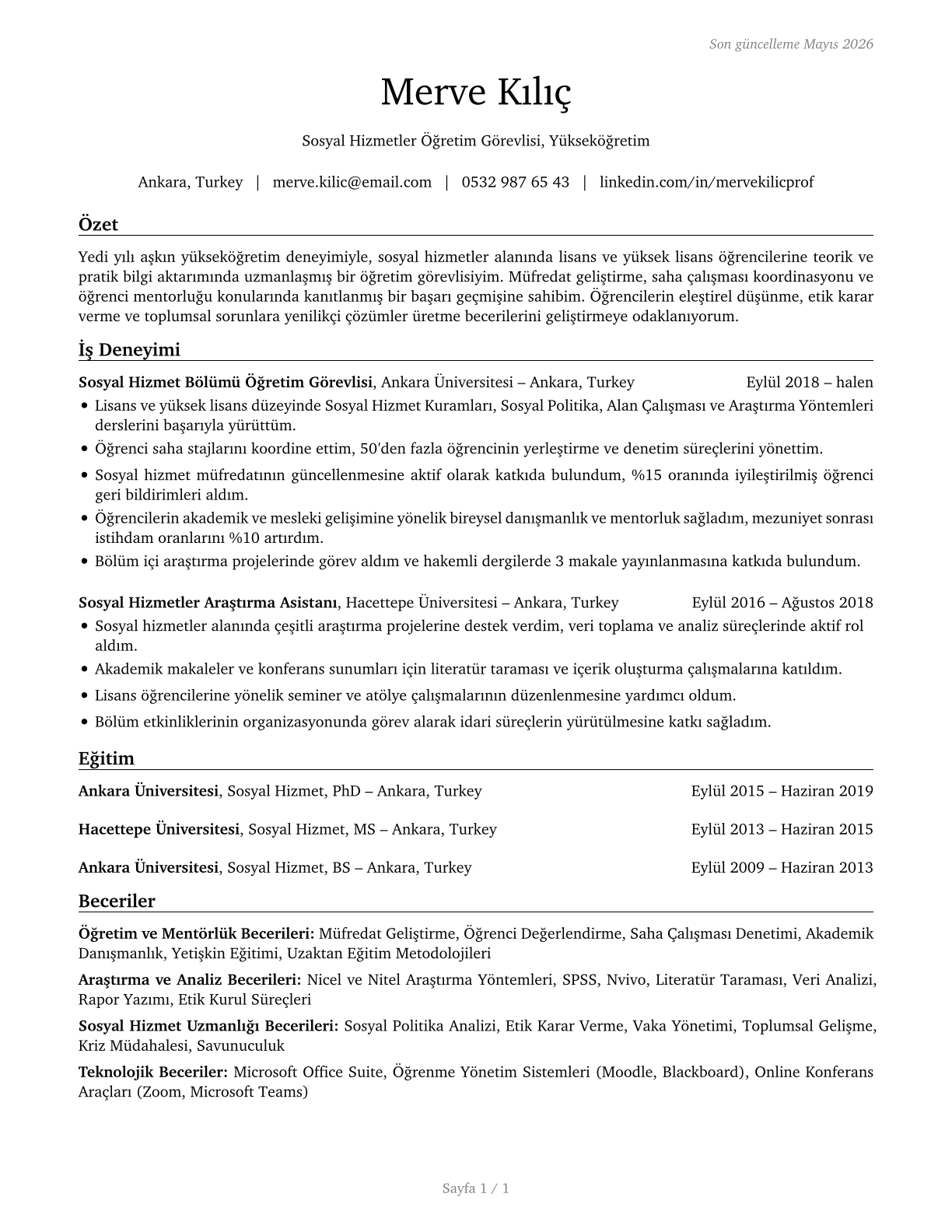 Social Work Teachers, Postsecondary CV in Turkish — page 1
