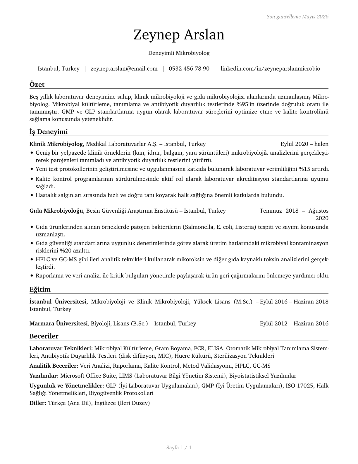 Microbiologists CV in Turkish — page 1