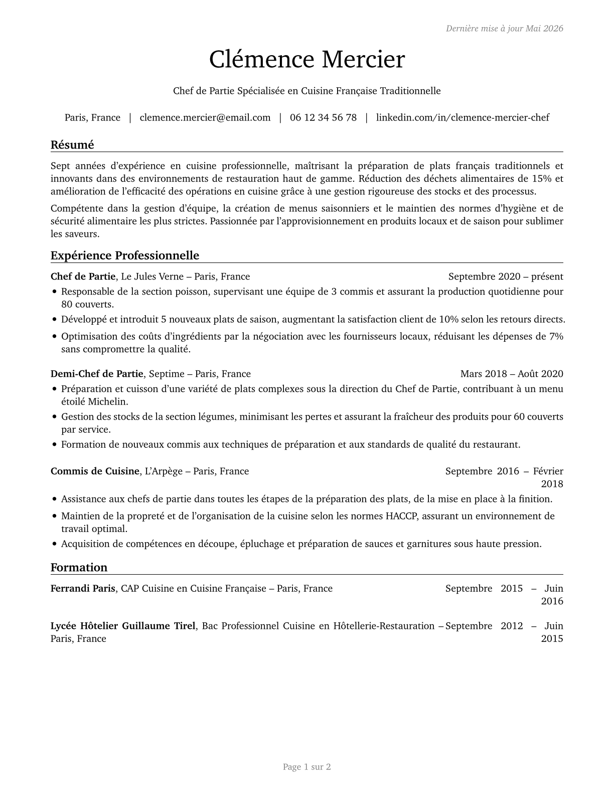 Cooks, Restaurant CV in French — page 1