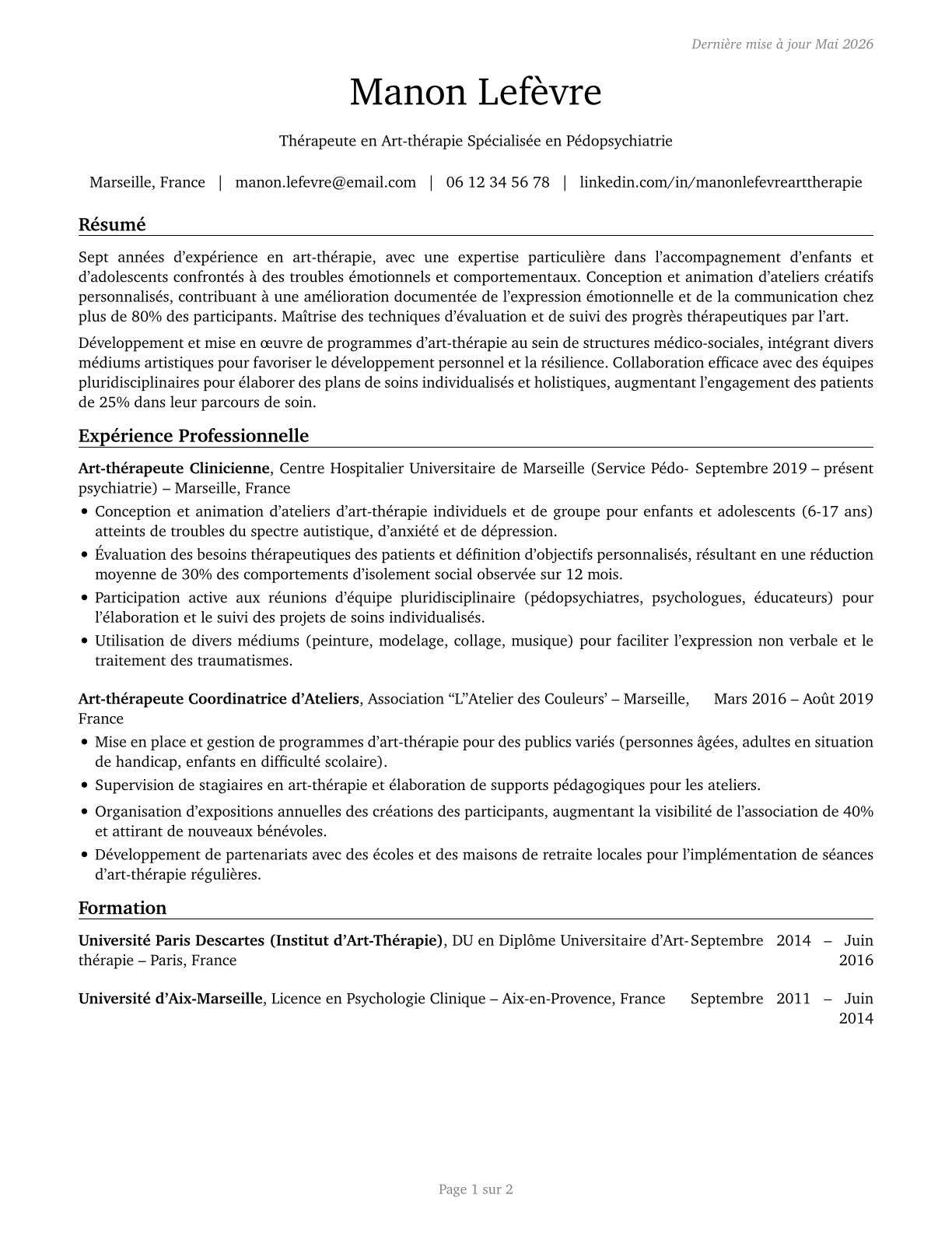 Art Therapists CV in French — page 1