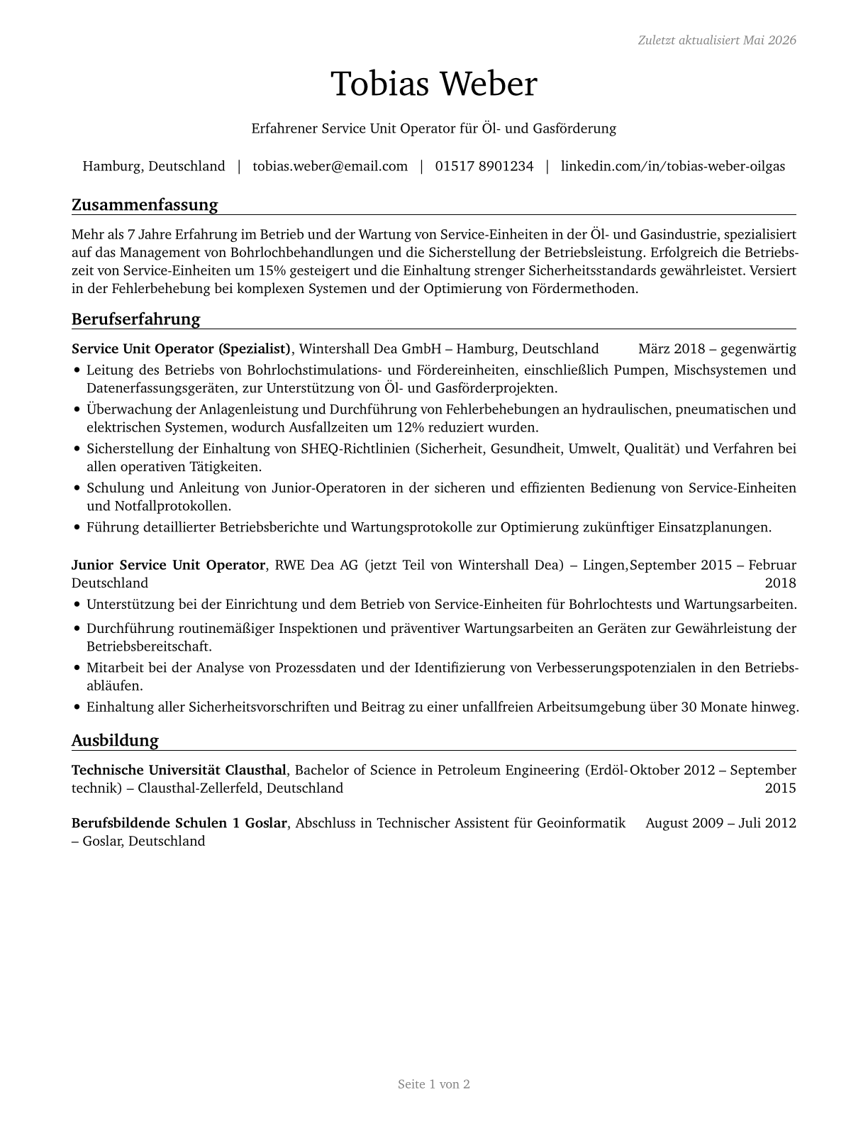 Service Unit Operators, Oil and Gas CV in German — page 1